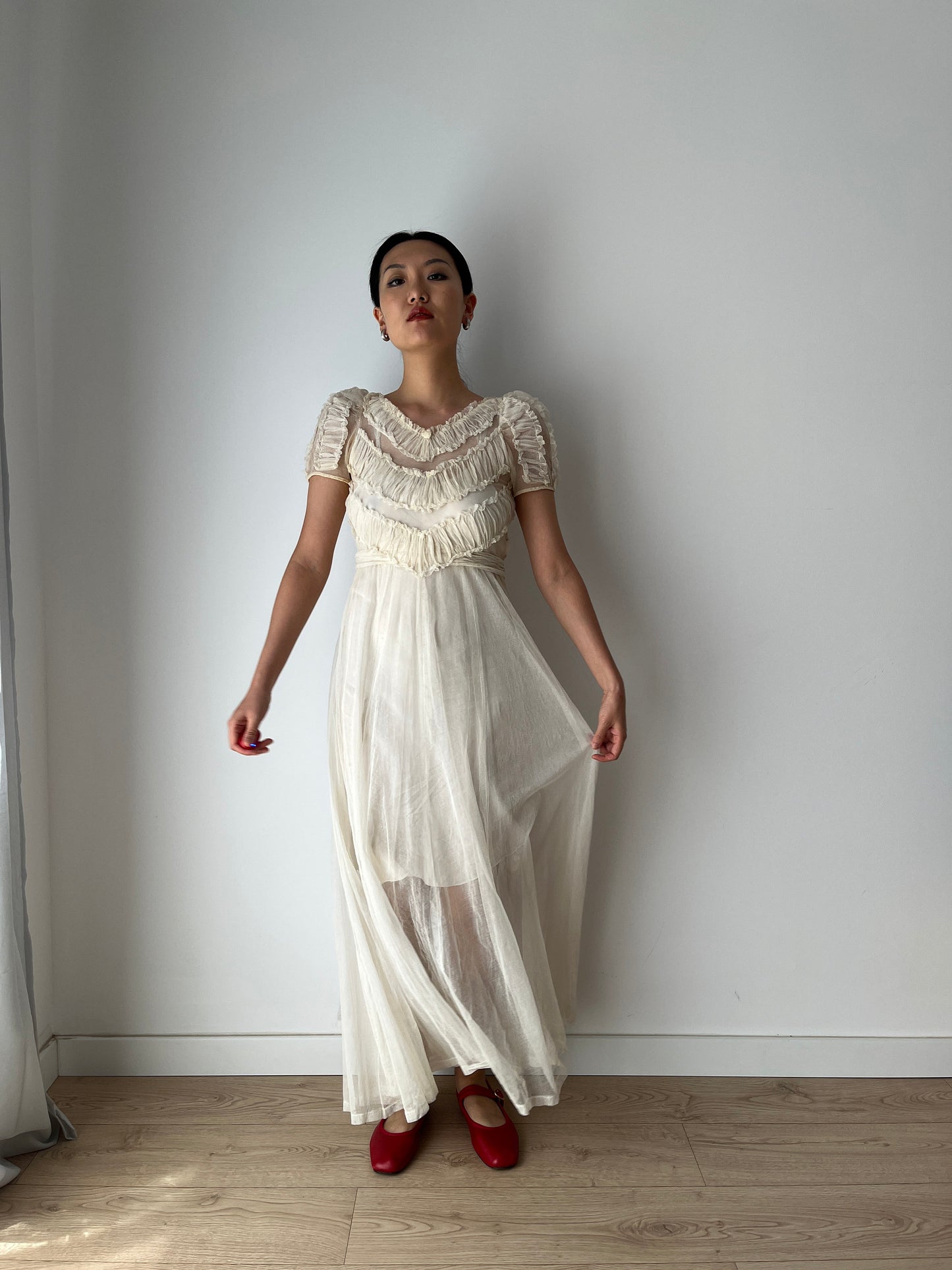 Vintage Antique 1920s Lace Sheer Wedding Dress, Translucent Sequined Bridal Dress