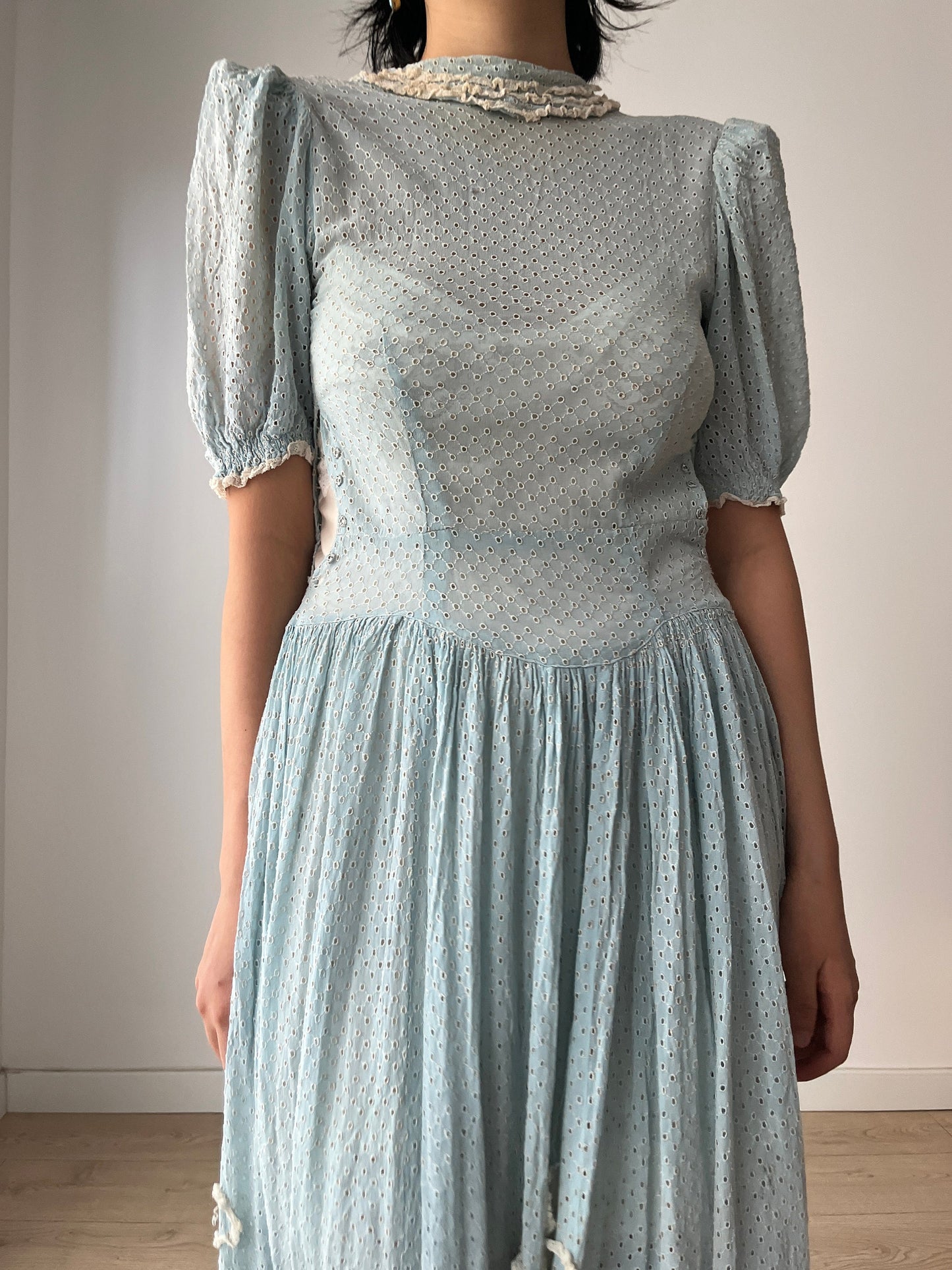 Vintage 1930s Blue Lace Bow Liquid Pure Silk Crepe Embroidered Tailored Handmade Dress