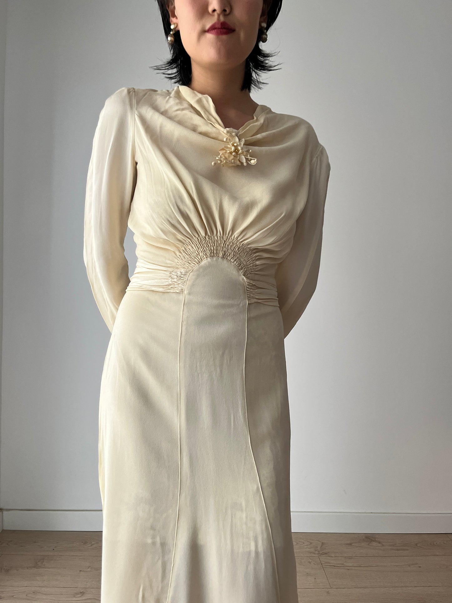 1930s Antique Bridal Lace Bias Cut Negligee Silk Satin Embroidered Wedding Dress