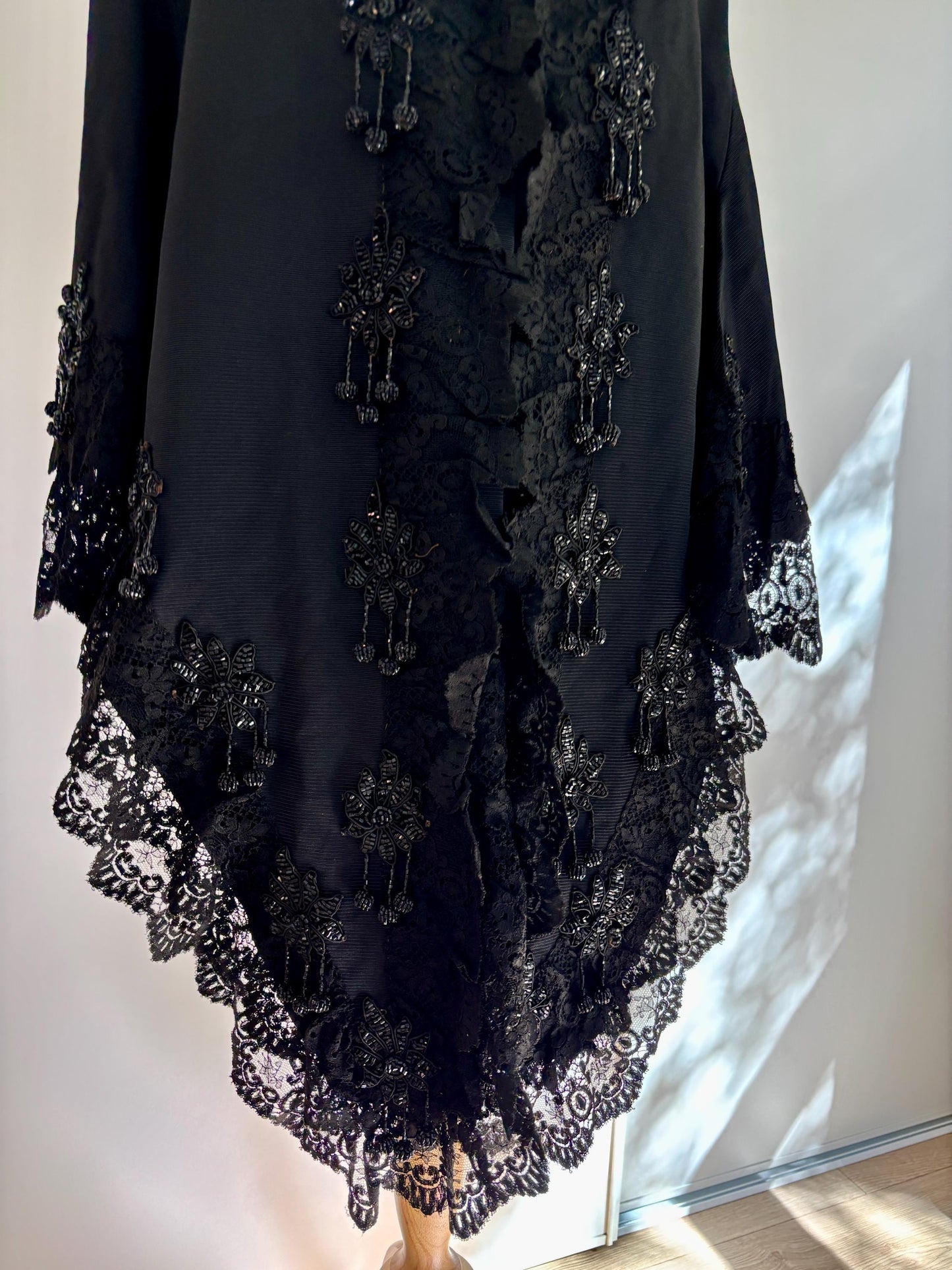 Antique 1900French beaded Silk cape with embroidery, Victorian black cape rich lace