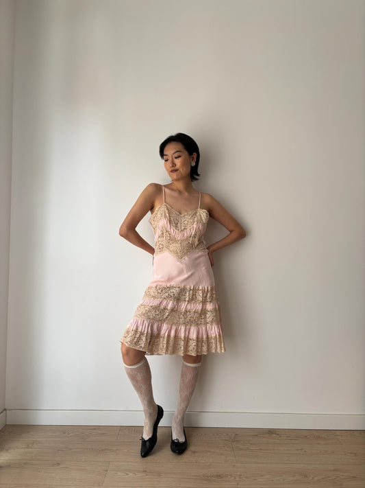 1940s 1950s Antique Pale Pink Lace Liquid Silk Satin Slip dress, Vintage lace mini dress