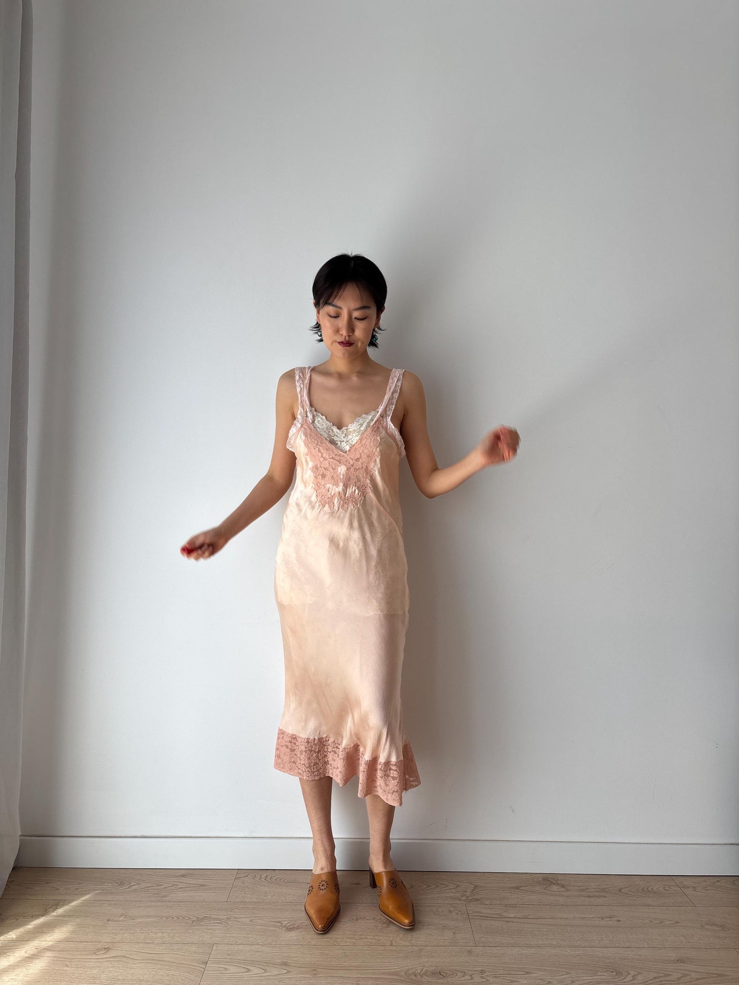 1930s 1940s Antique Pink Lace Liquid Silk Slip Romantic dress, Vintage lace mini dress