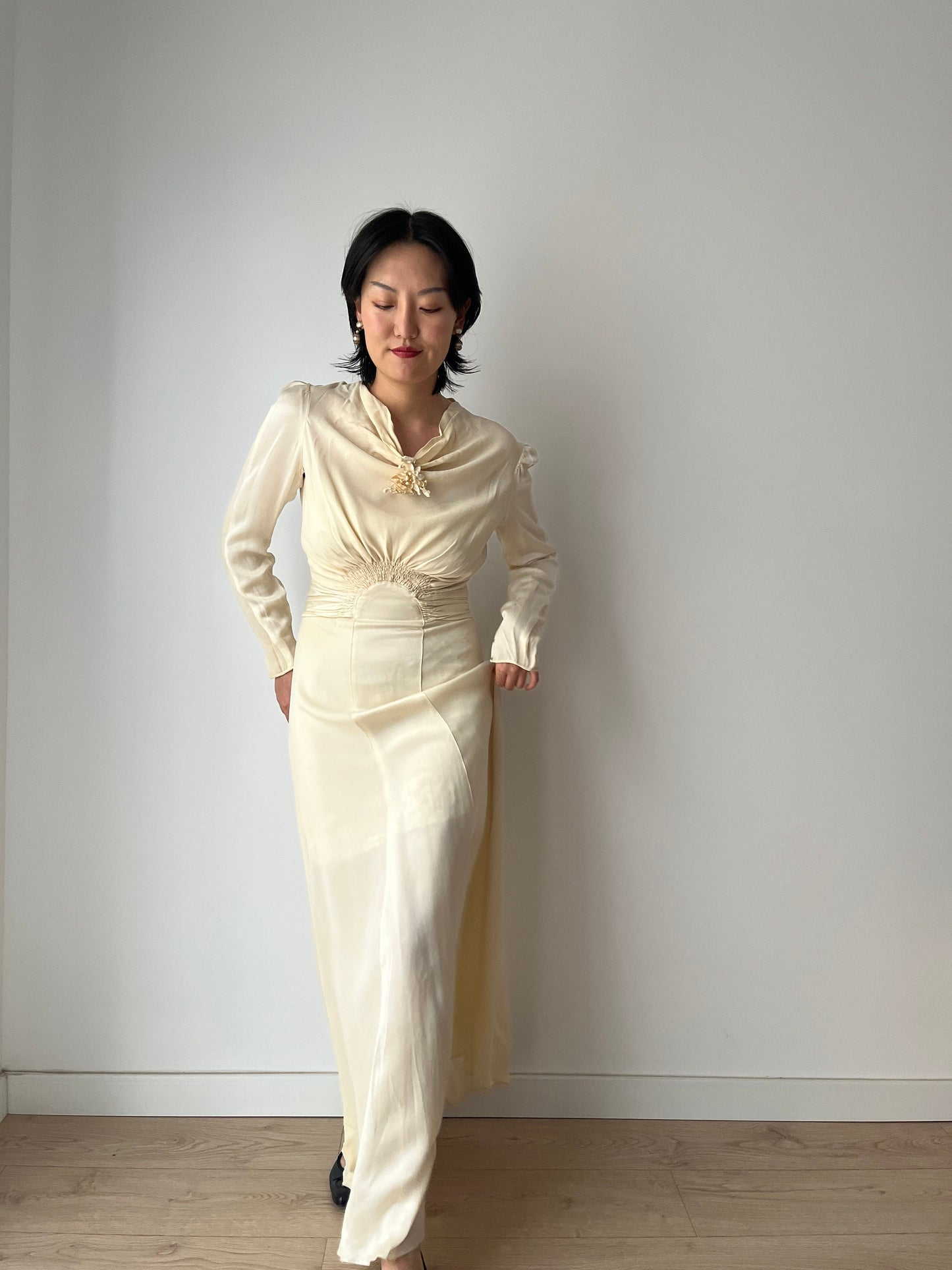 1930s Antique Bridal Lace Bias Cut Negligee Silk Satin Embroidered Wedding Dress