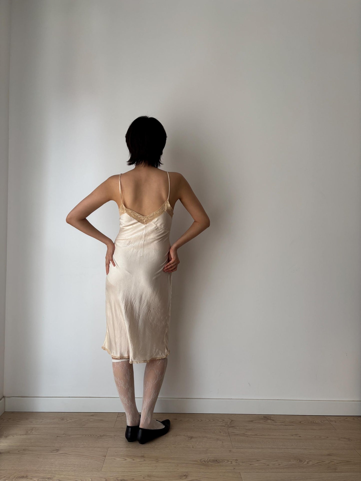 1930s 1920s Antique Pastel Pink Flower bow print Embroidered Lace Silk Satin Slip dress