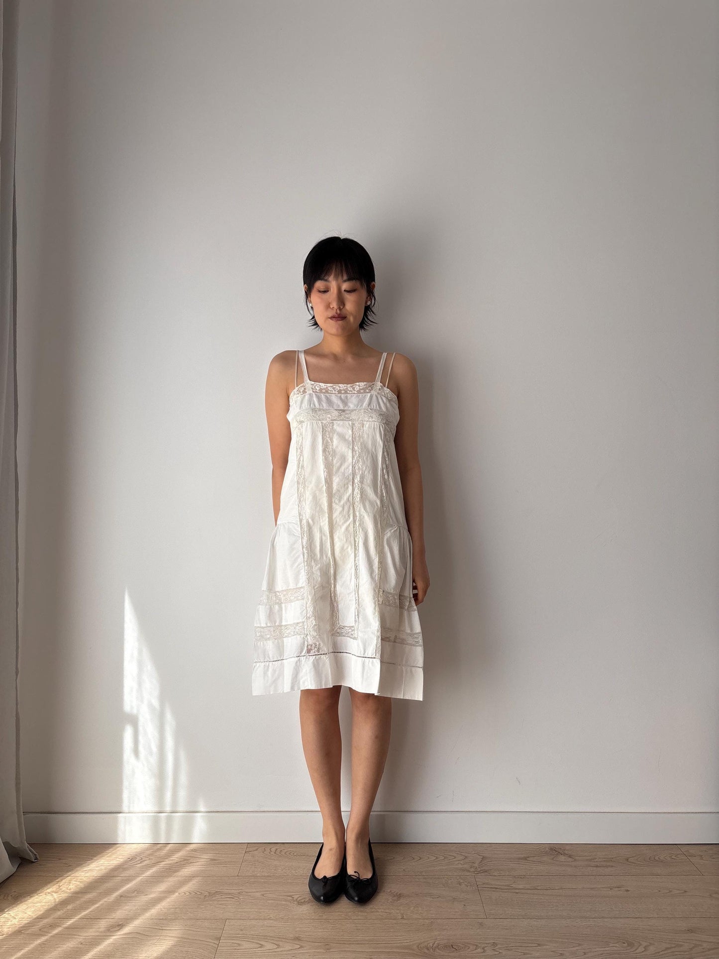 1910s 1900s Antique White Cotton Edwardian Victorian Lace Slip dress, Vintage lace mini dress