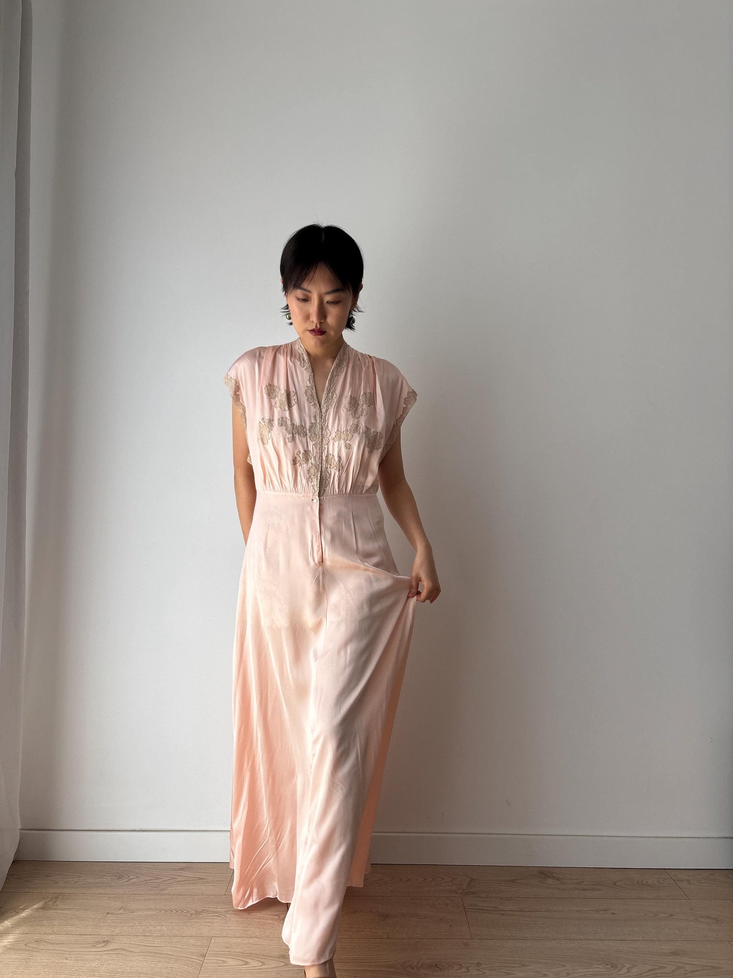 1940s 50s Pale Pink Pure Silk Nightgown 2 Piece Set / Bed Jacket Slip Dress Lingerie Set