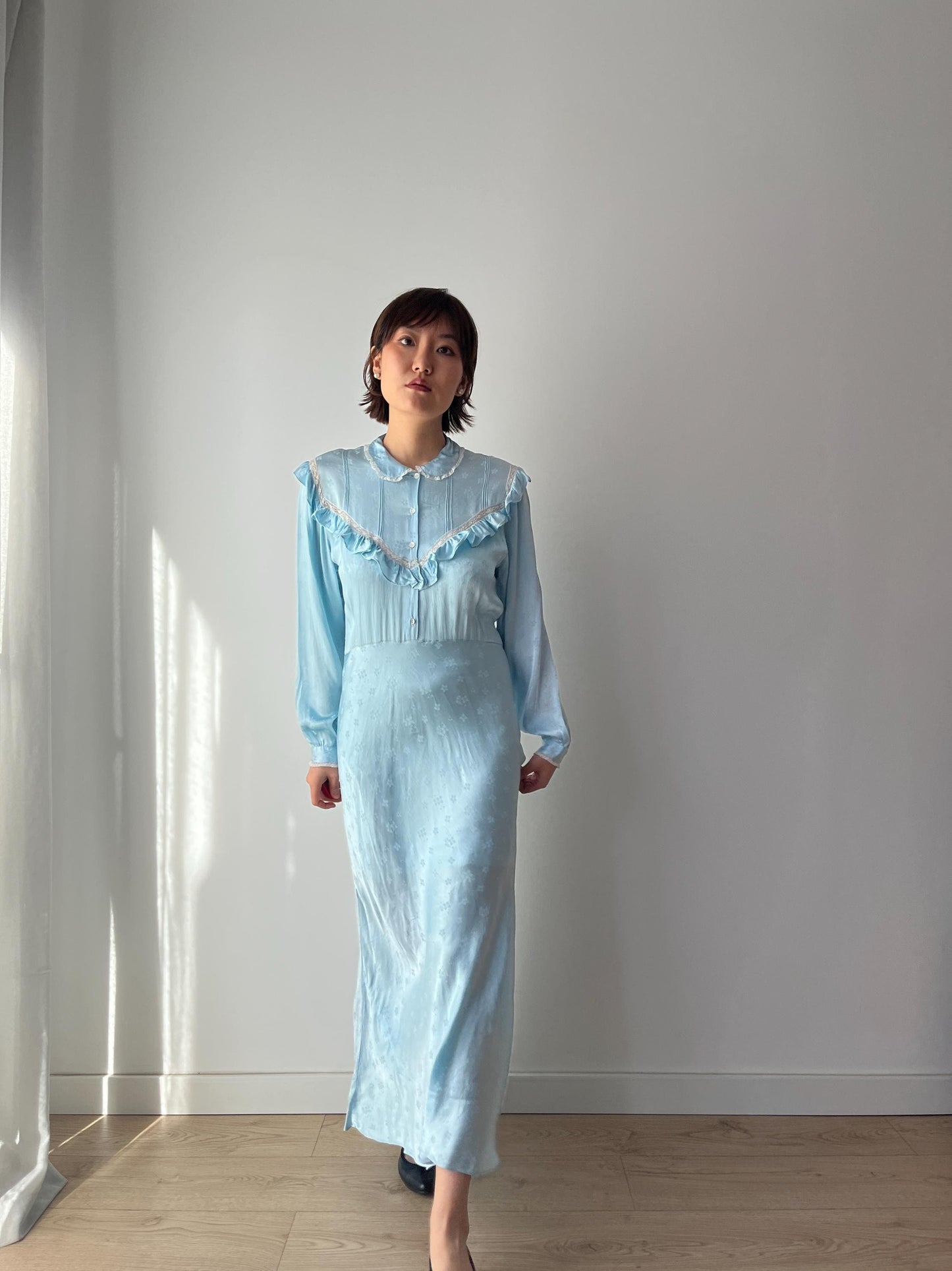 Antique 1930s floral print bias cut liquid silk satin bridal nightdress