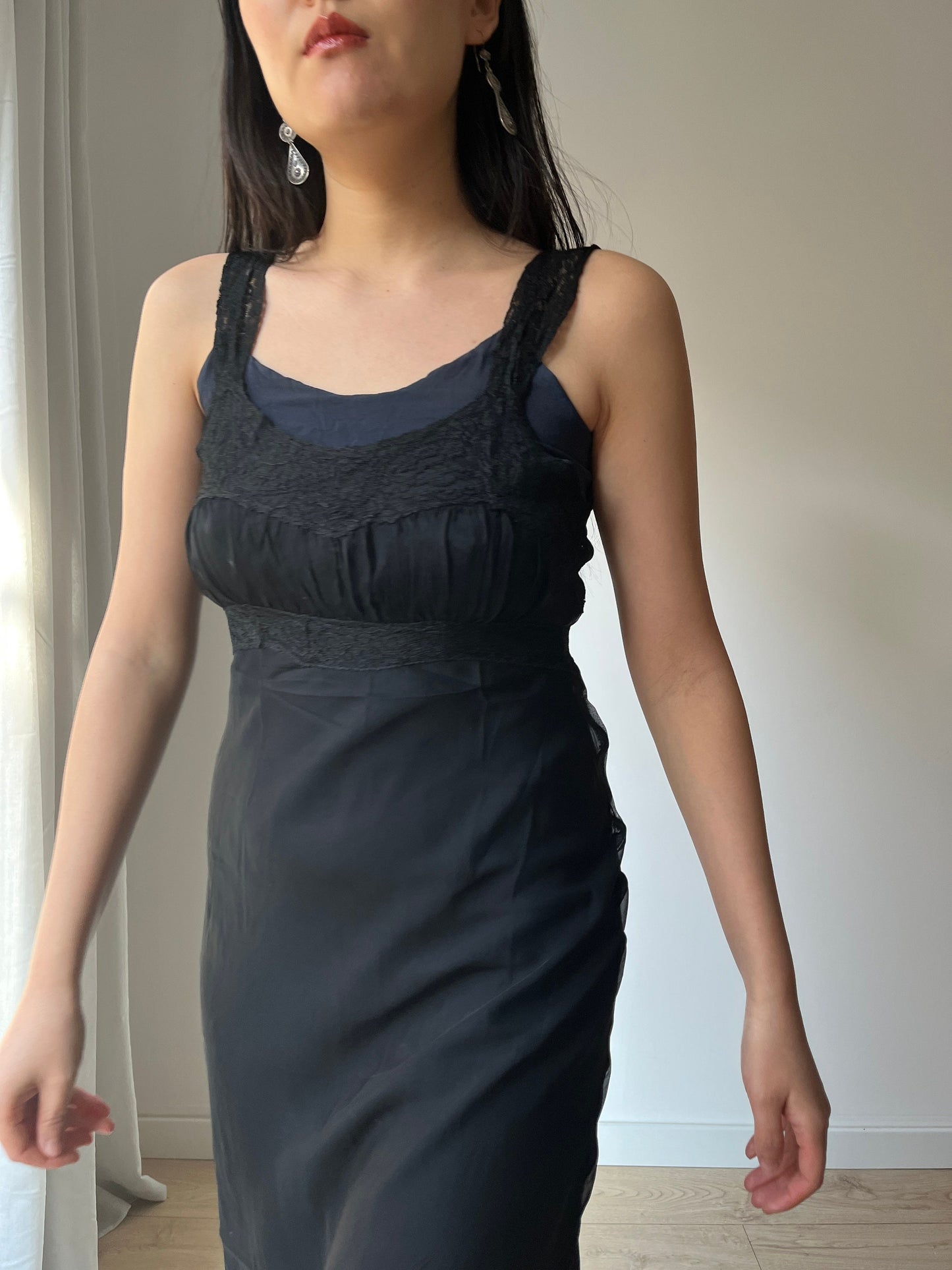 Antique 1950s black sheer crepe bias cut liquid translucent nightdress, lace art deco nightgown