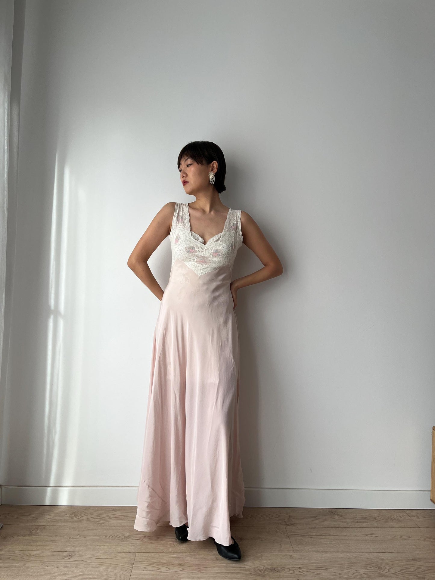 1930s 1940s Antique Bias Cut Ruffle Lace Pastel Pink Pure Silk Embroidered Nightgown