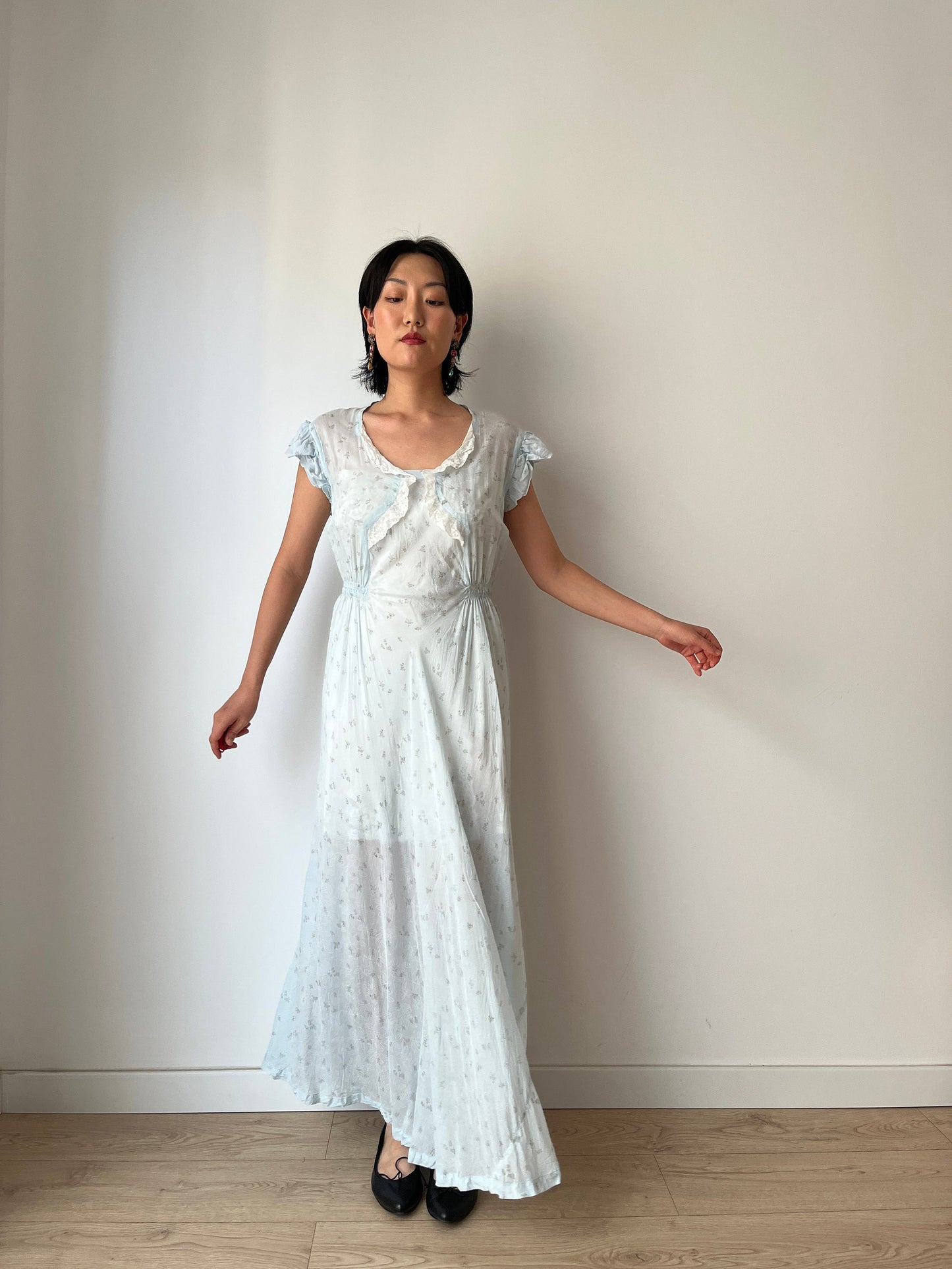 vintage 1940s blue bias cut floral crepe chiffon sheer lace embroidered art deco dress