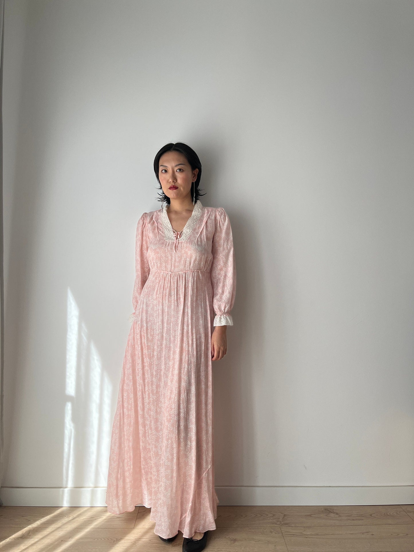 Antique 1940s bias cut liquid pure silk chiffon nightdress, Embroidered art deco pink maxi dress