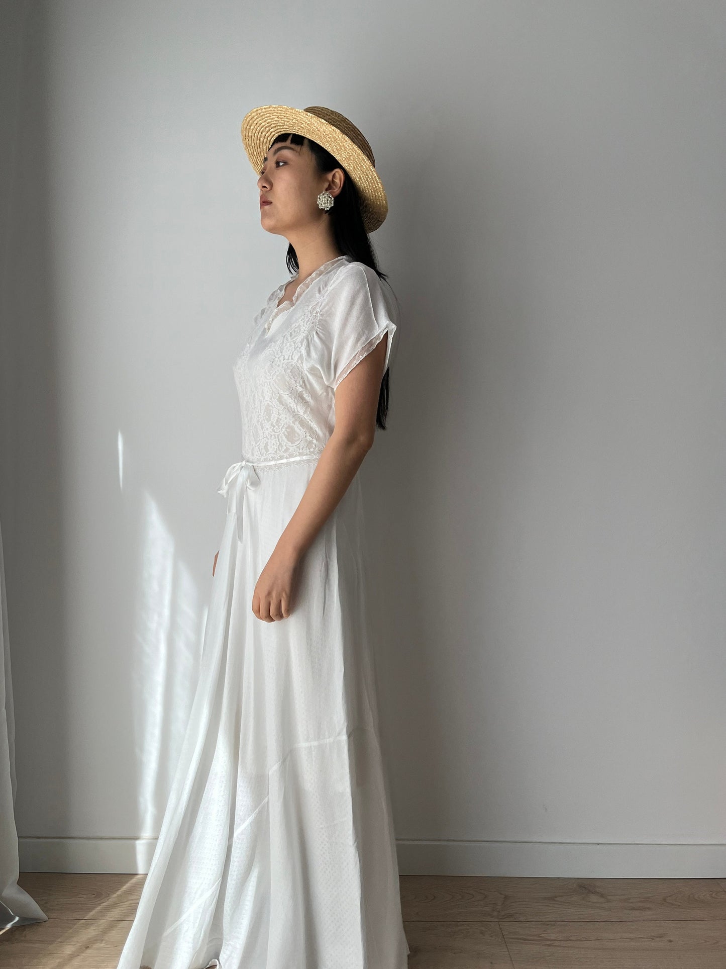 1930s Antique Bias Cut Rayon Embroidered Lace Bridal Dress