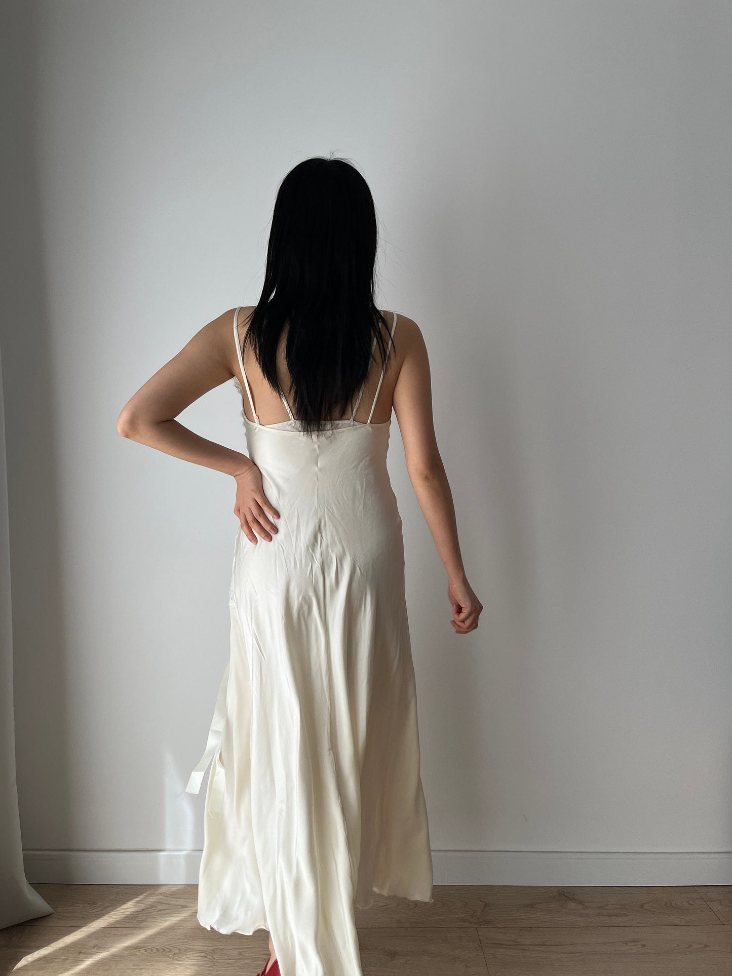 Vintage 90s Y2K liquid silk satin white embroidered slip long maxi camisole dress