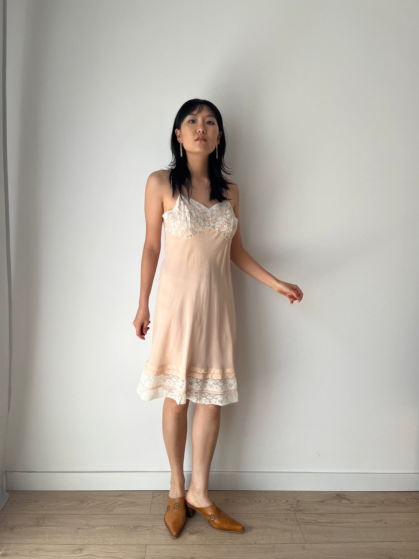 1930s Antique Pastel Pink Lace Liquid Crepe Silk Slip dress, Vintage lace mini dress