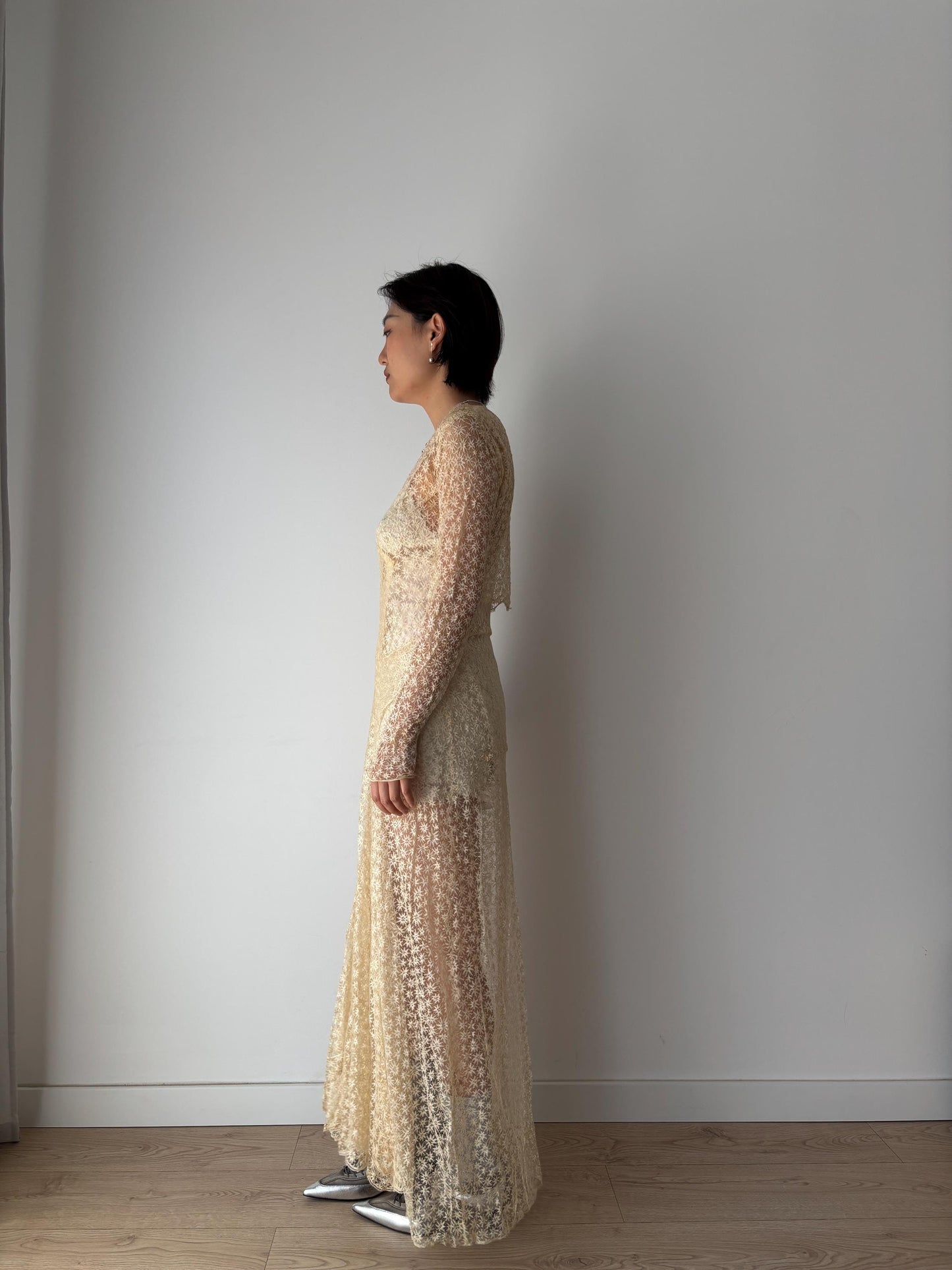 Antique 1910s Edwardian Lace Handmade Wedding Dress Floral Lawn Dress