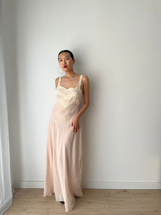 1930s Peach Silk Bias Cut Pastel Pink Pure Silk Chiffon Lace Embroidered Nightgown