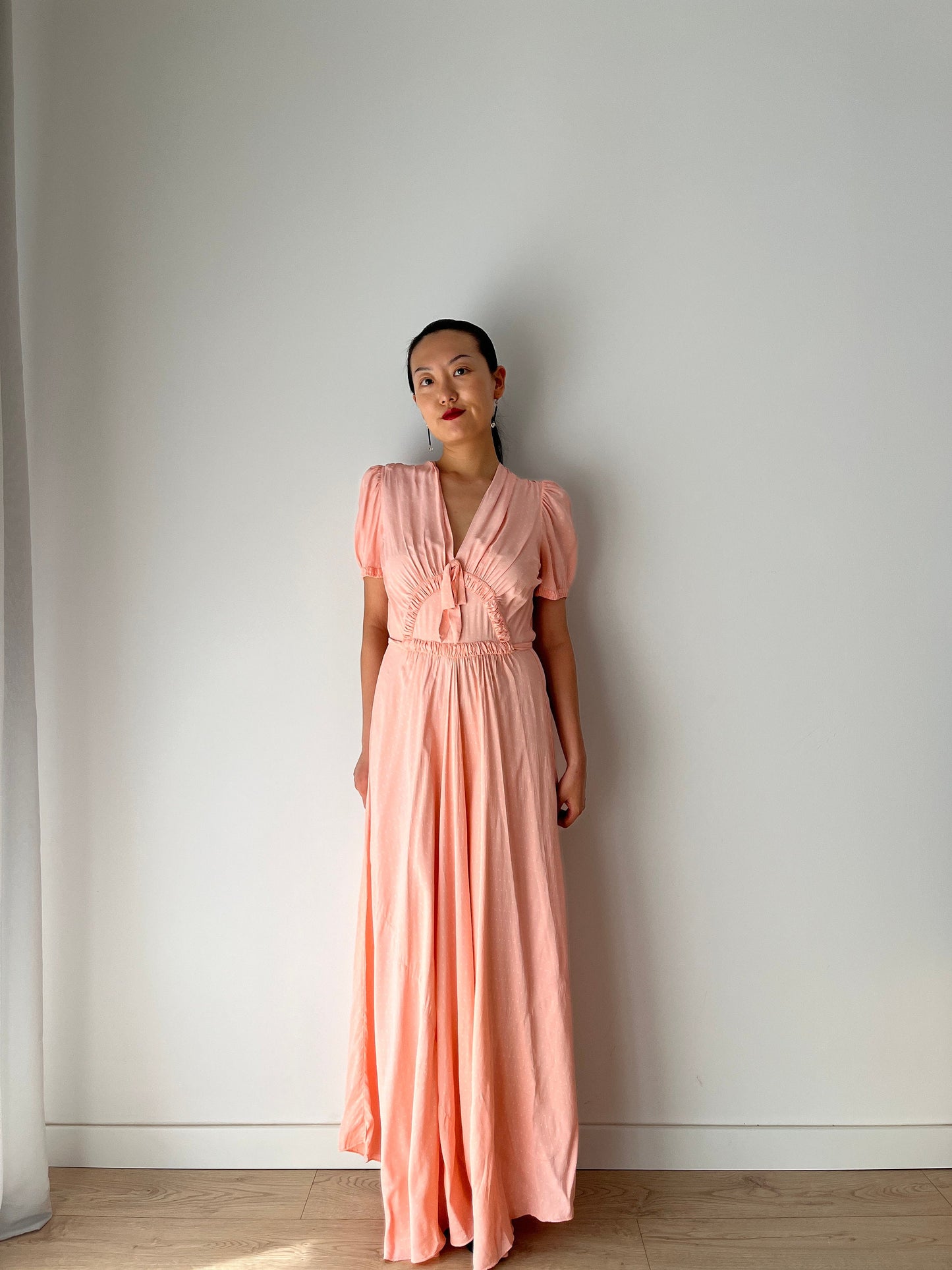 1940s Antique Bias Cut Pastel Pink Rayon Dots Print Bow Dress