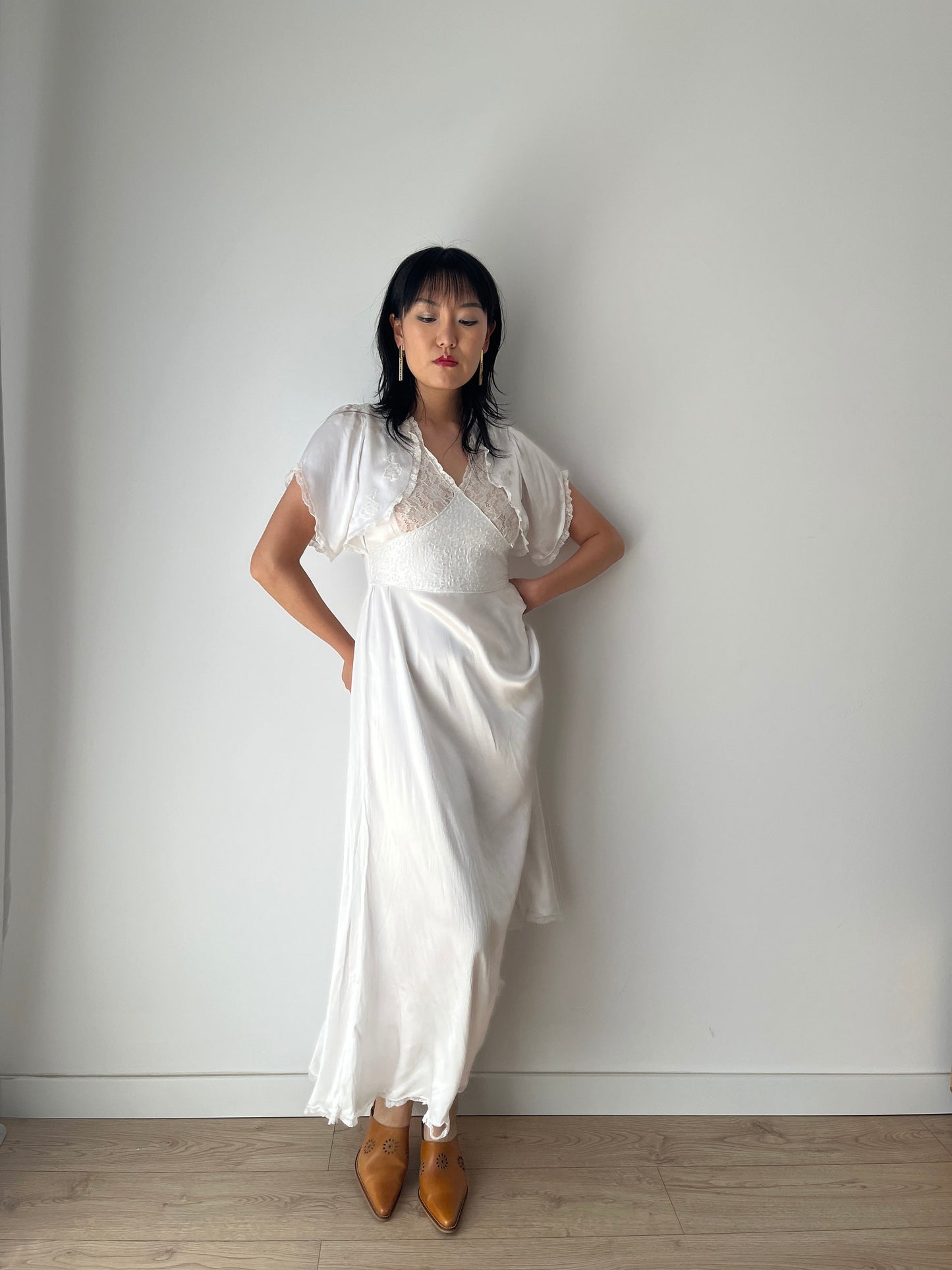 1950s 1940s Antique Bias Cut Pure Silk Hand Embroidered Lace Bridal Dress