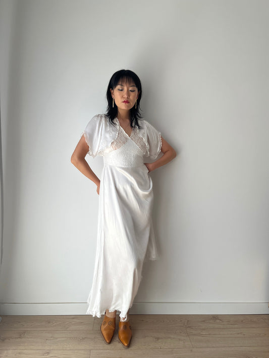 1950s 1940s Antique Bias Cut Pure Silk Hand Embroidered Lace Bridal Dress