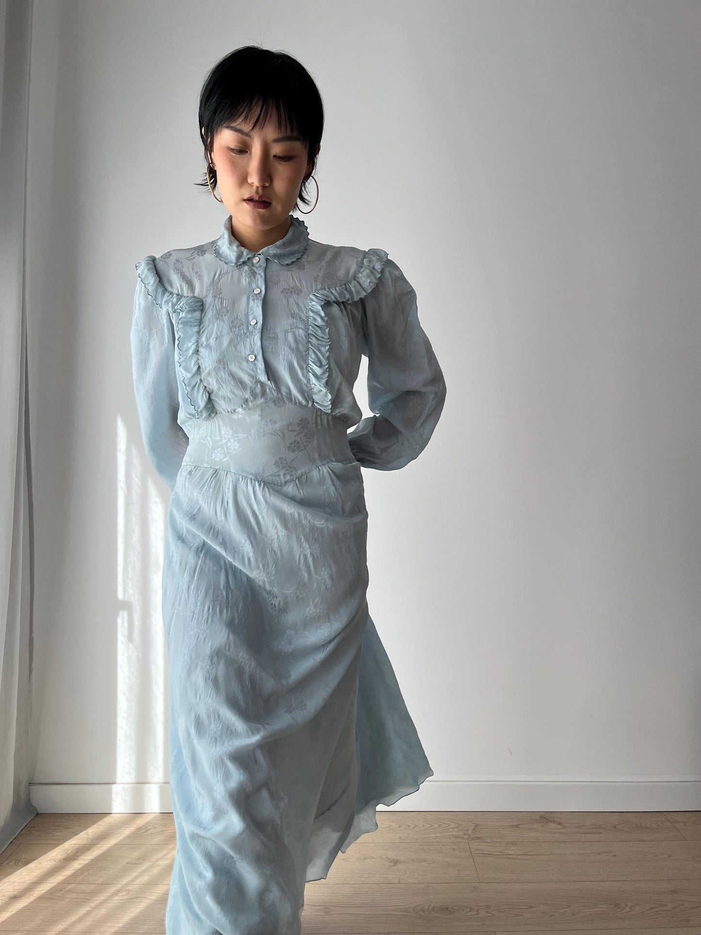 1930s Antique Bias Cut Negligee Pure Silk Liquid Satin Lace Nightgown Maxi Dress