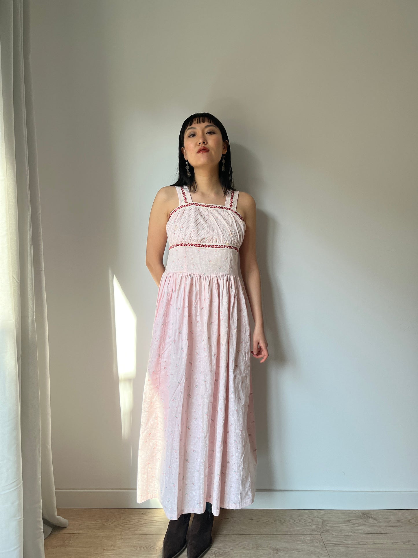 vintage 1940s blue pink floral print cotton lace summer dress, 1950s romantic parisian maxi slip dress