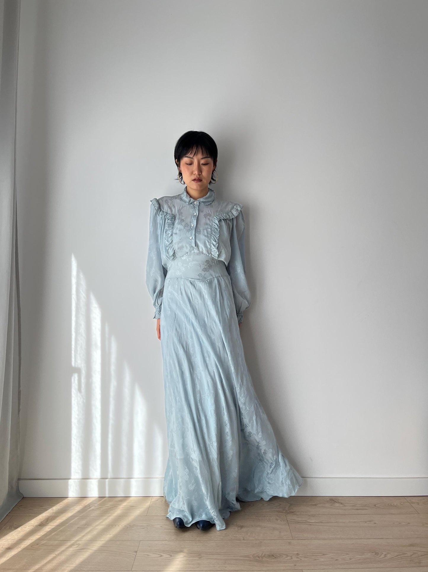 1930s Antique Bias Cut Negligee Pure Silk Liquid Satin Lace Nightgown Maxi Dress