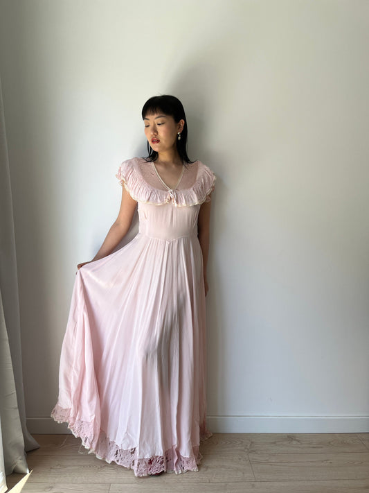 1940s 1950s Pink Silk Bias Cut Pastel Pure Silk Chiffon Embroidered Nightgown Maxi Dress