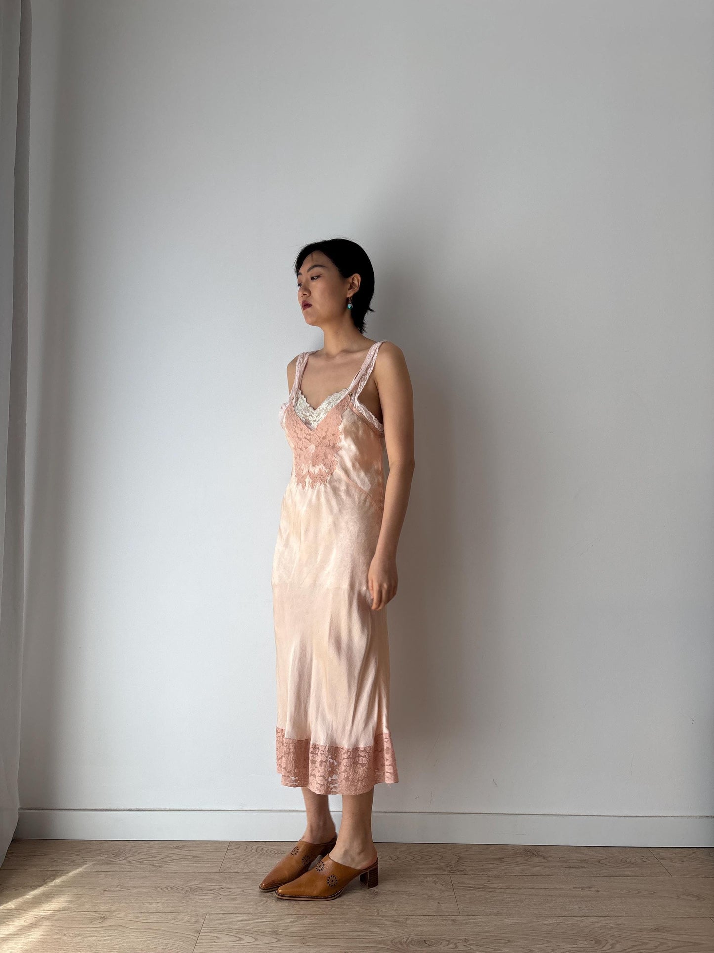 1930s 1940s Antique Pink Lace Liquid Silk Slip Romantic dress, Vintage lace mini dress