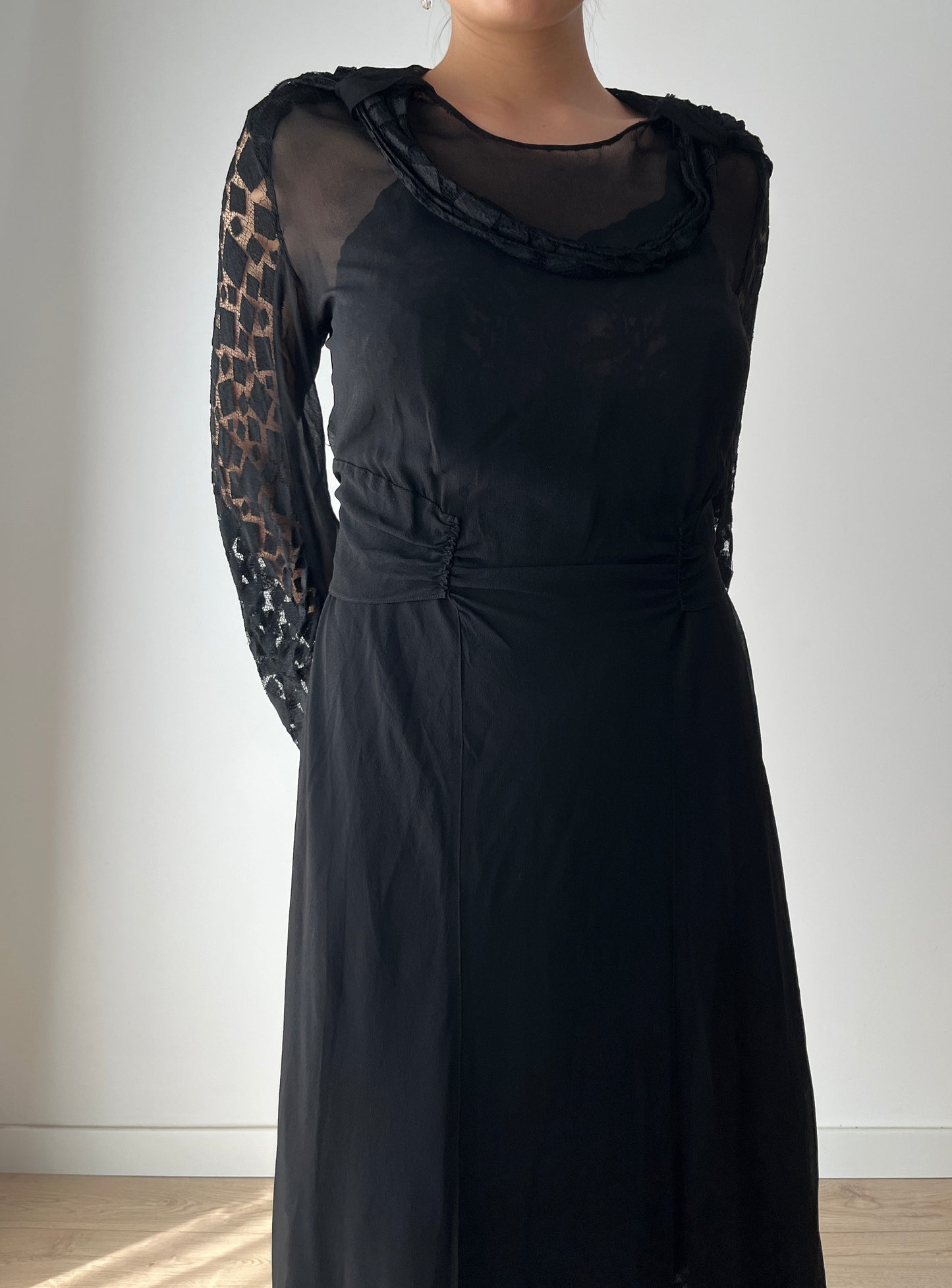 1920s Black Silk Antique Evening Night Transparent Dress Flapper Lace Embroidered dress