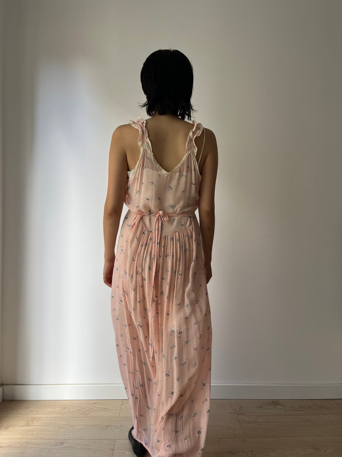 vintage 1930s pink floral print crepe silk lace ribbon art deco dress, romantic parisian nightgown