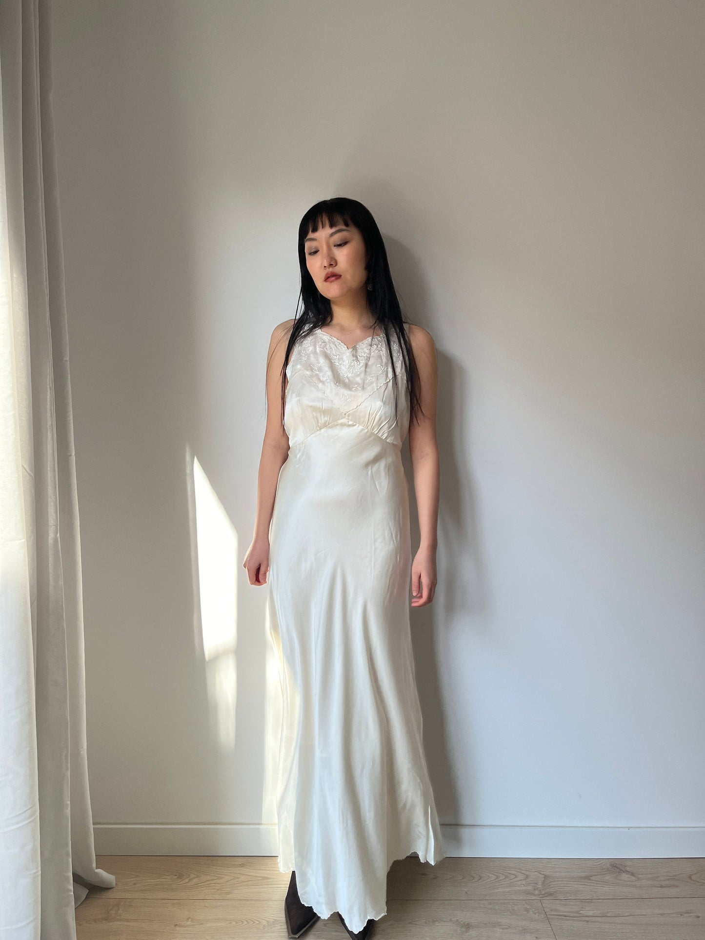 Antique Vintage liquid pure silk satin white embroidered slip long maxi camisole dress