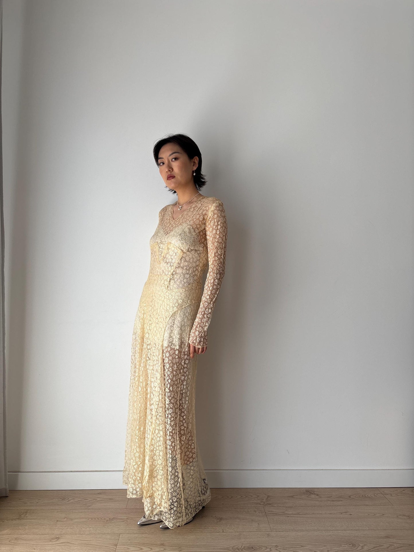 Antique 1910s Edwardian Lace Handmade Wedding Dress Floral Lawn Dress