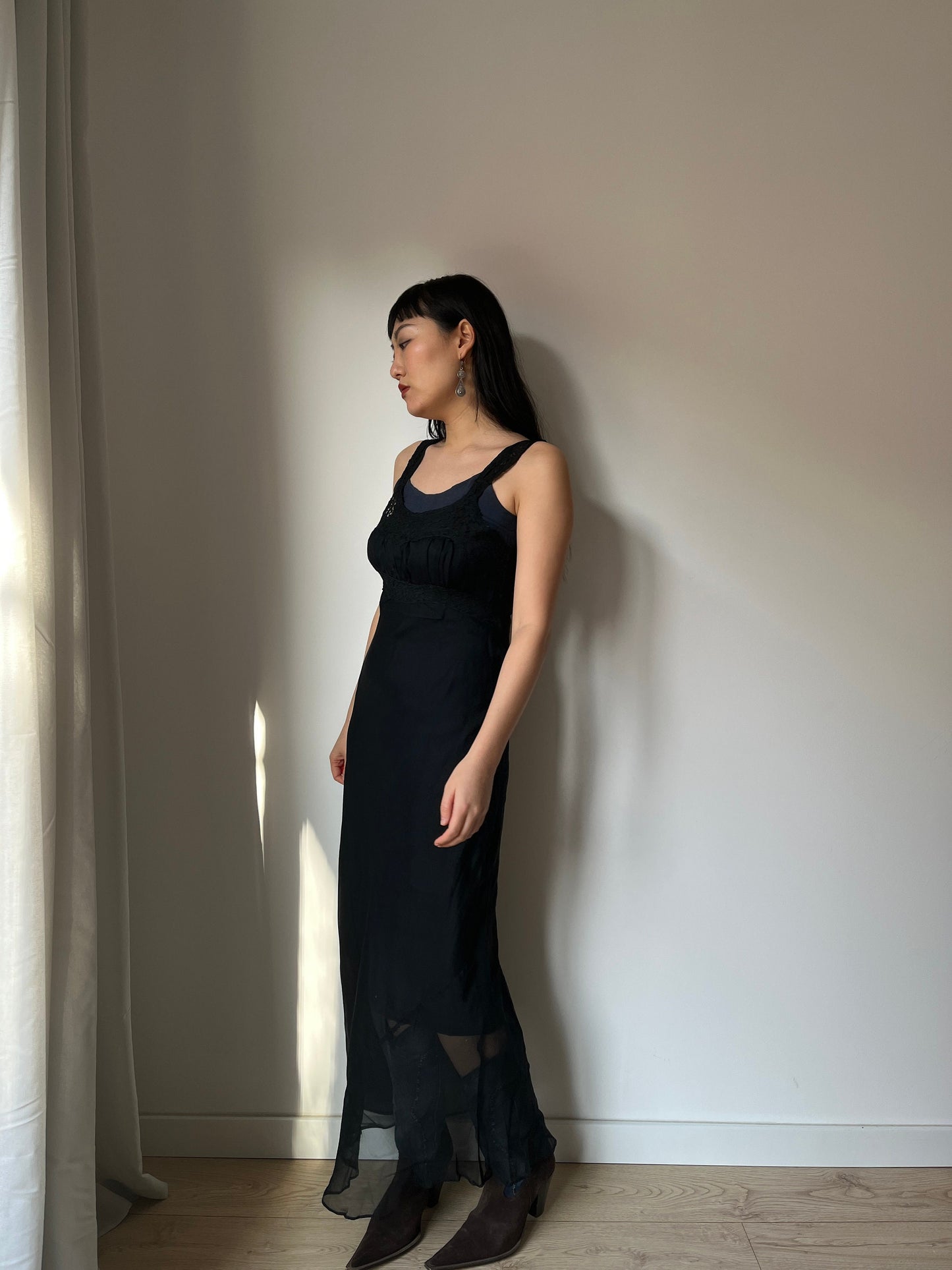 Antique 1950s black sheer crepe bias cut liquid translucent nightdress, lace art deco nightgown