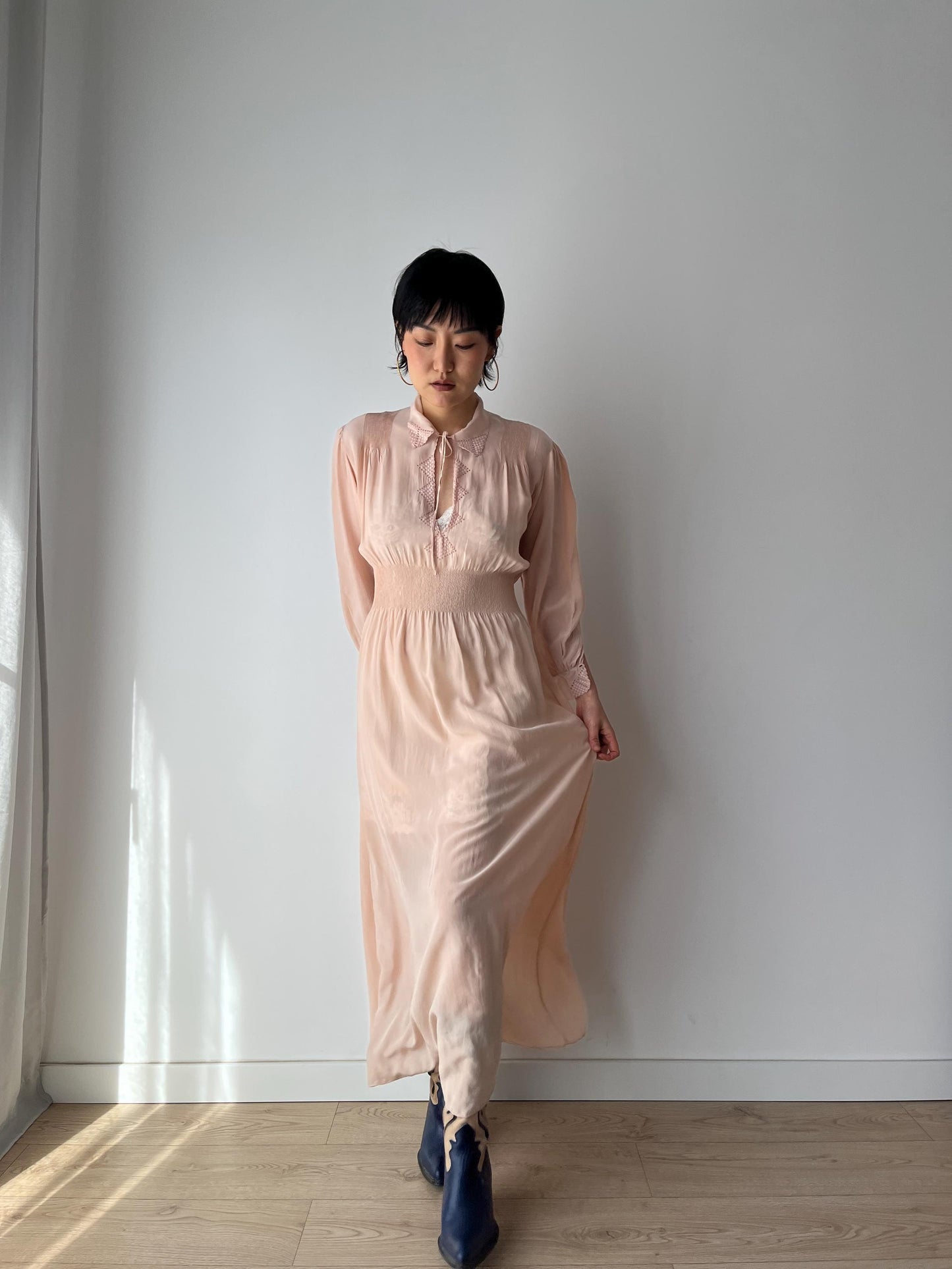 Antique 1930s 1940s ribbon bias cut liquid silk crepe sheer bridal nightdress