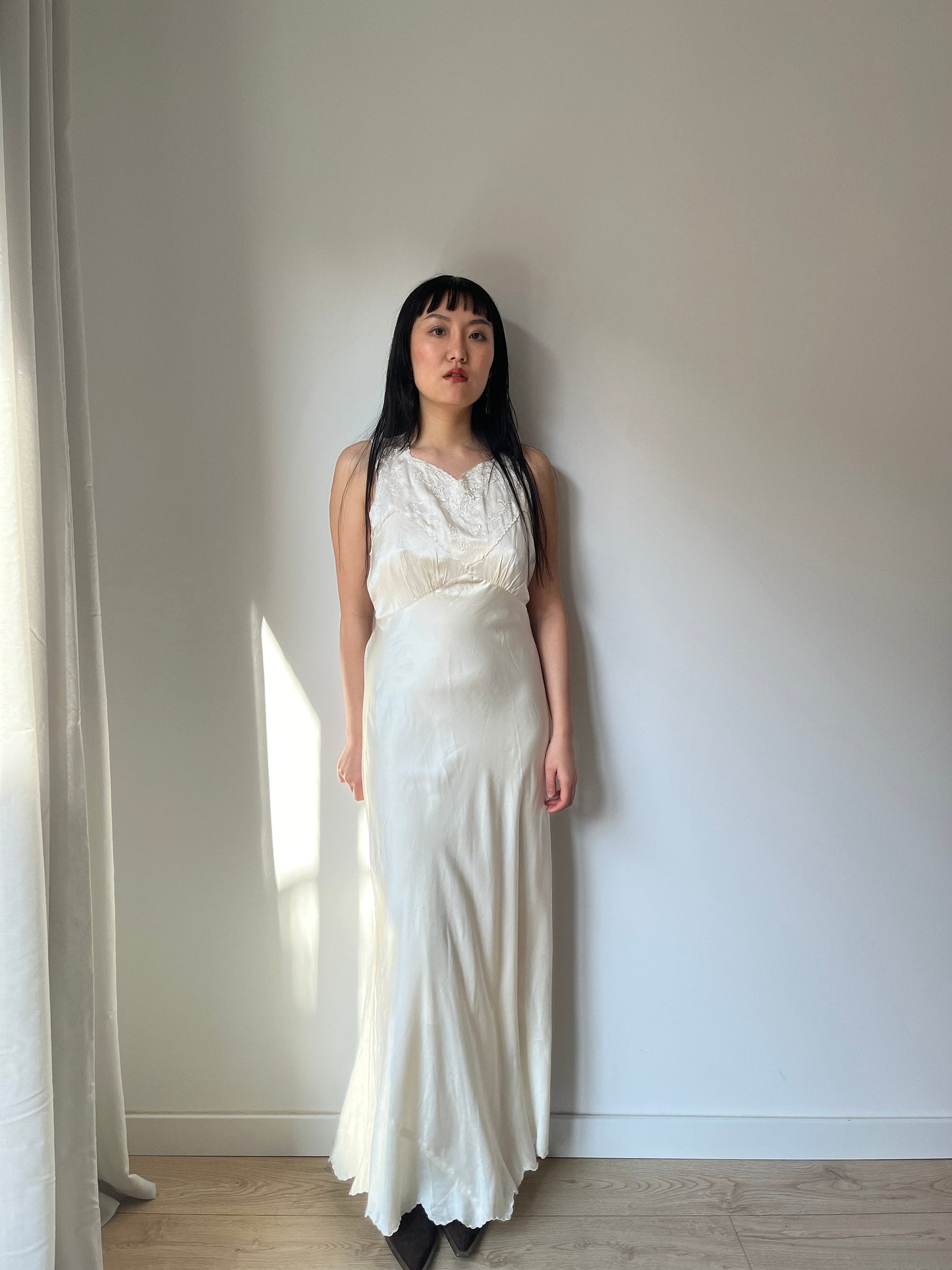 Antique Vintage liquid pure silk satin white embroidered slip long maxi camisole dress