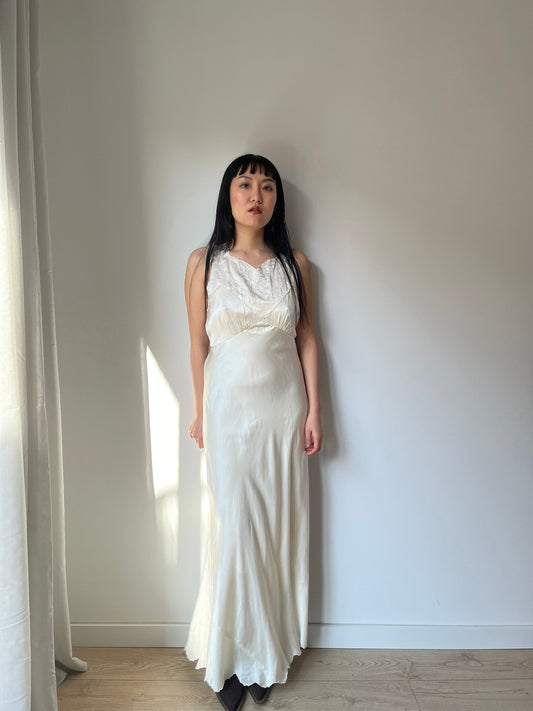 Antique Vintage liquid pure silk satin white embroidered slip long maxi camisole dress