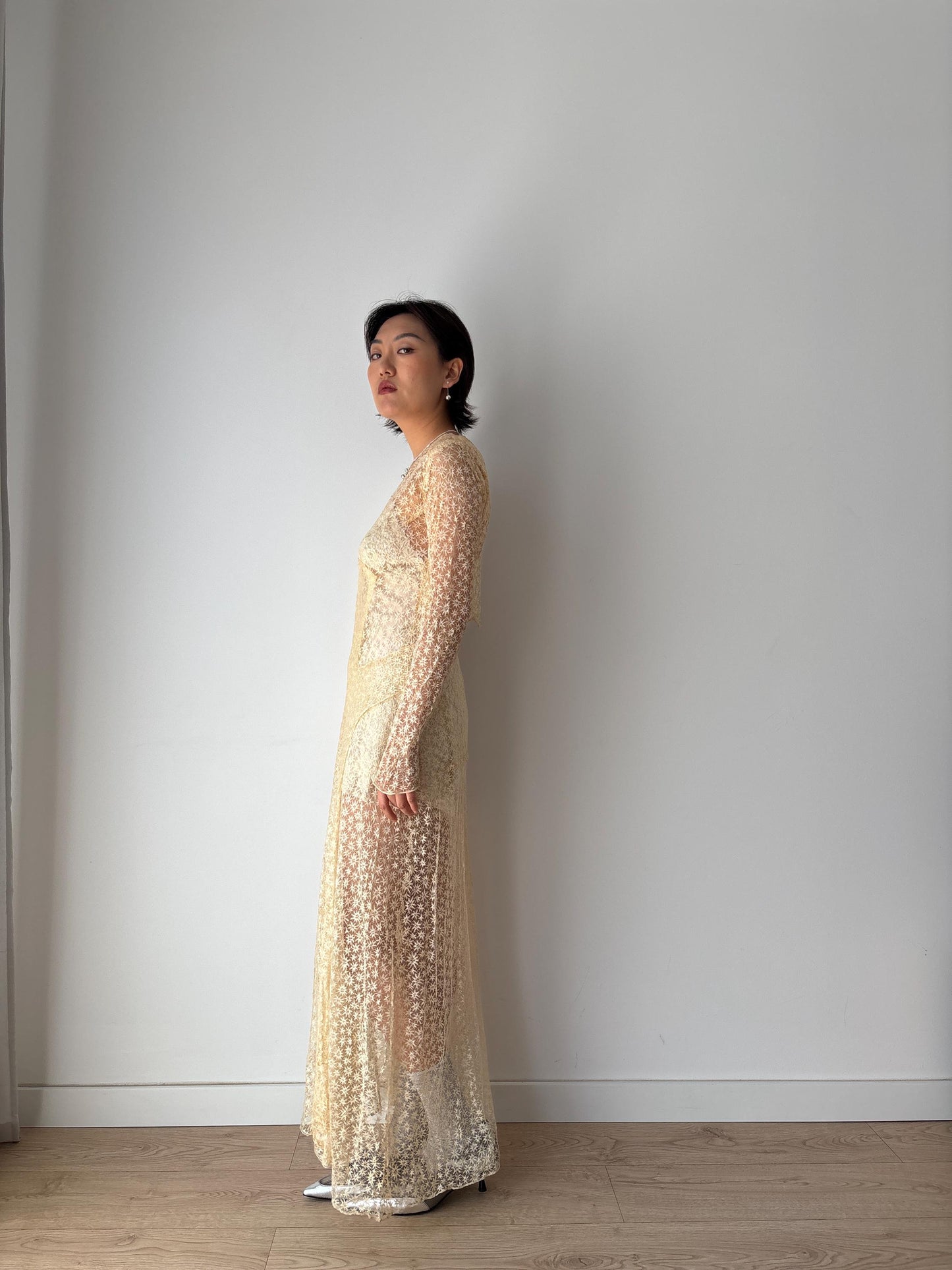 Antique 1910s Edwardian Lace Handmade Wedding Dress Floral Lawn Dress