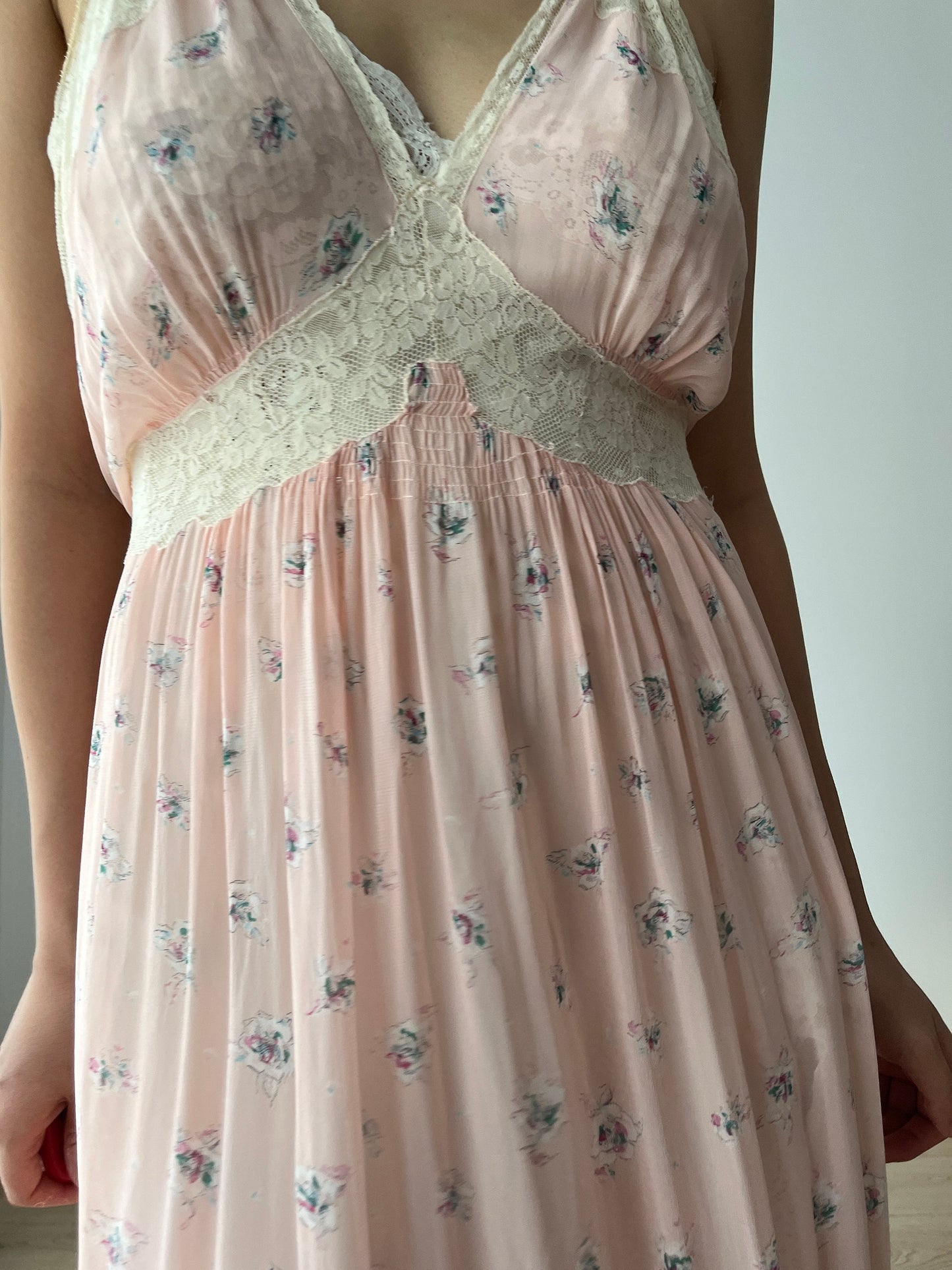 vintage 1930s pink floral print crepe silk lace ribbon art deco dress, romantic parisian nightgown