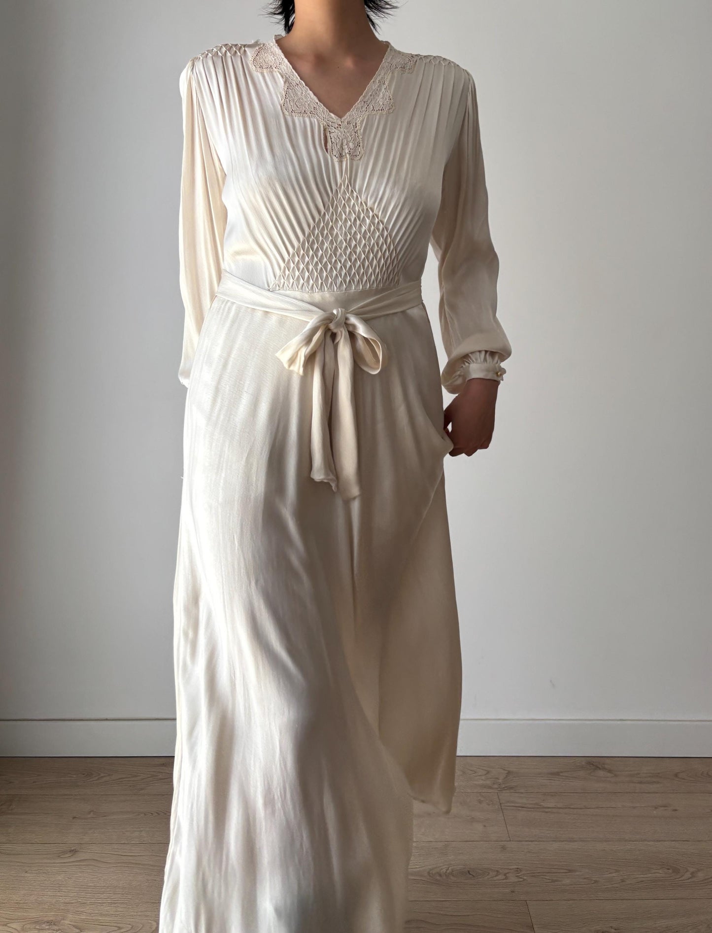 1930s Antique Lace Bridal 100% Silk Liquid Satin Long Maxi dress