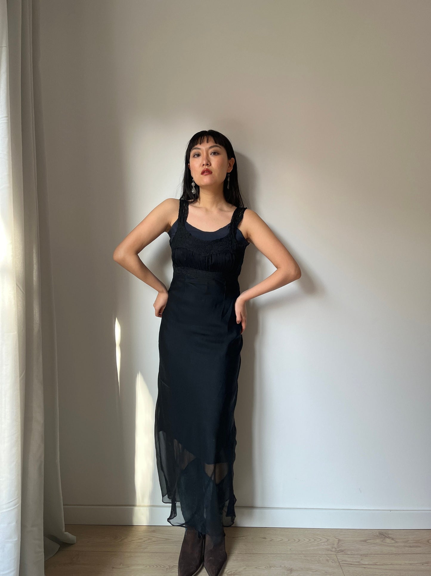 Antique 1950s black sheer crepe bias cut liquid translucent nightdress, lace art deco nightgown