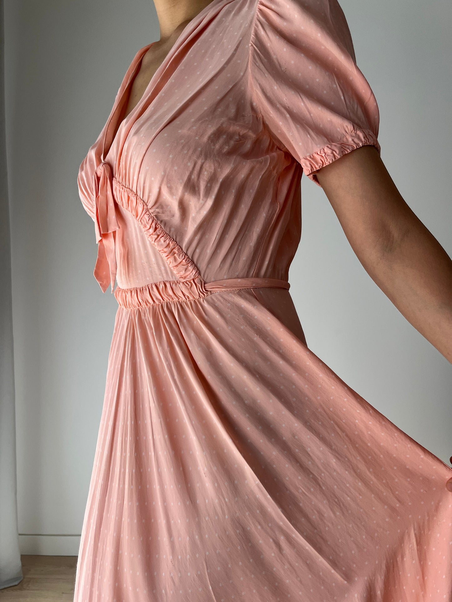 1940s Antique Bias Cut Pastel Pink Rayon Dots Print Bow Dress