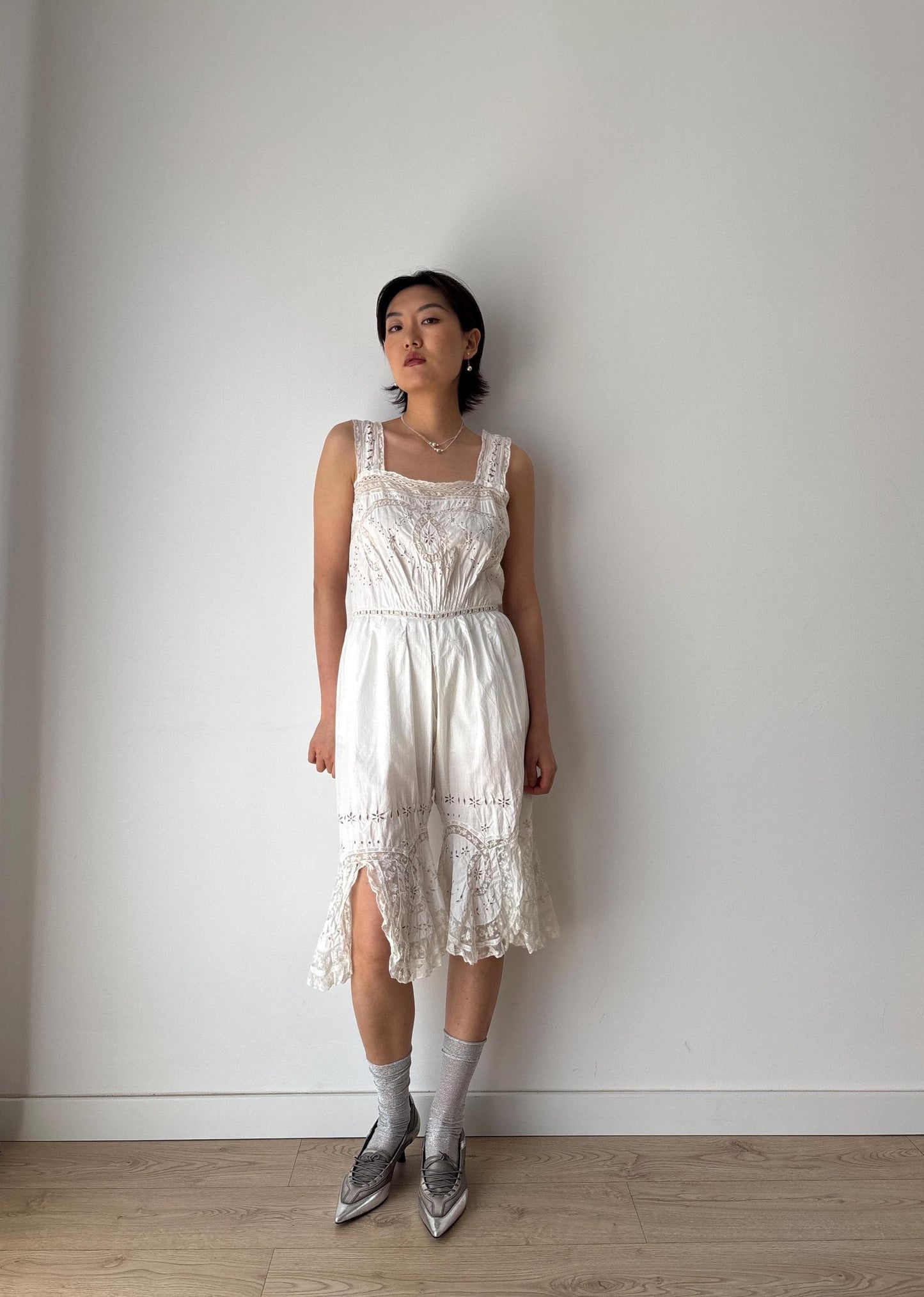 Antique 1910s Edwardian White Cotton  Floral Embroidered Lace Jumpsuit Romper, One Piece Cami Split Crotch Pantaloons with Broderie Anglaise