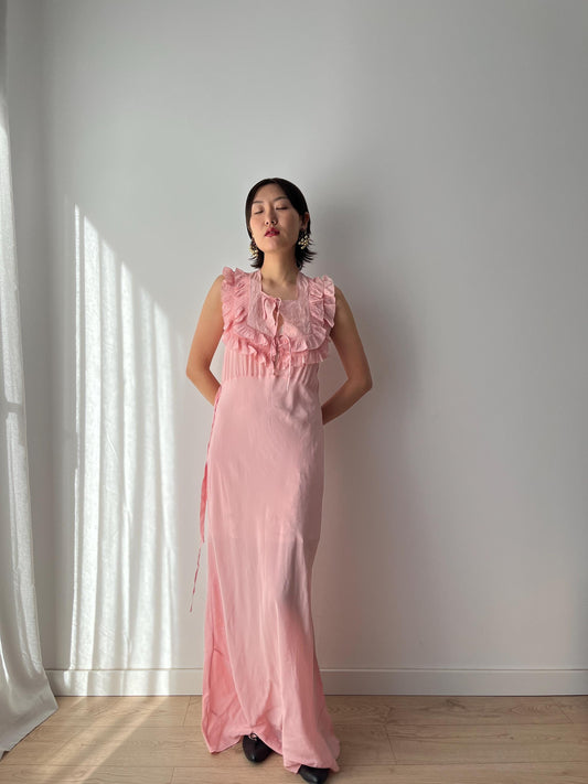 1940s Antique Bias Cut Ruffle Pastel Purple Pure Silk Crepe Embroidered Nightgown