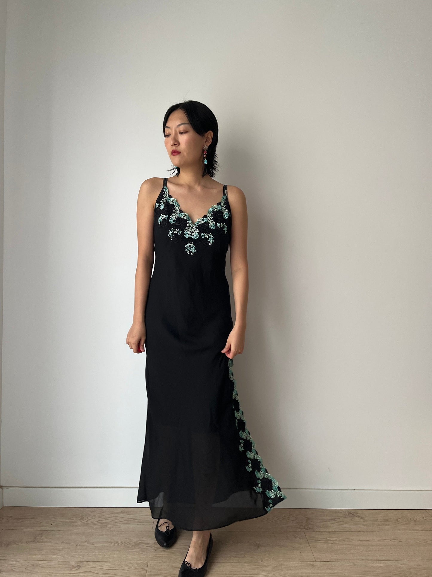 Vintage black pure silk chiffon lace cut out embroidered nightdress