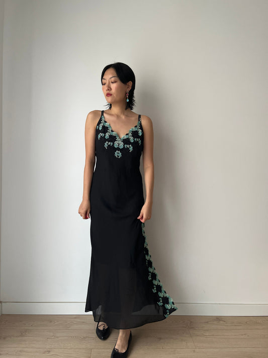 Vintage black pure silk chiffon lace cut out embroidered nightdress