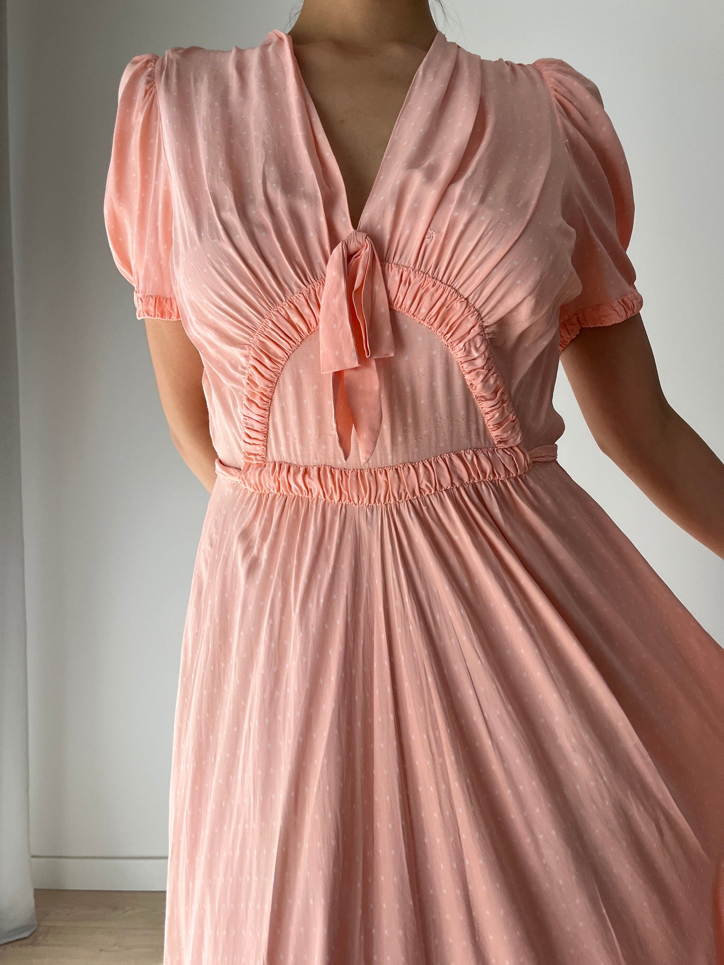 1940s Antique Bias Cut Pastel Pink Rayon Dots Print Bow Dress