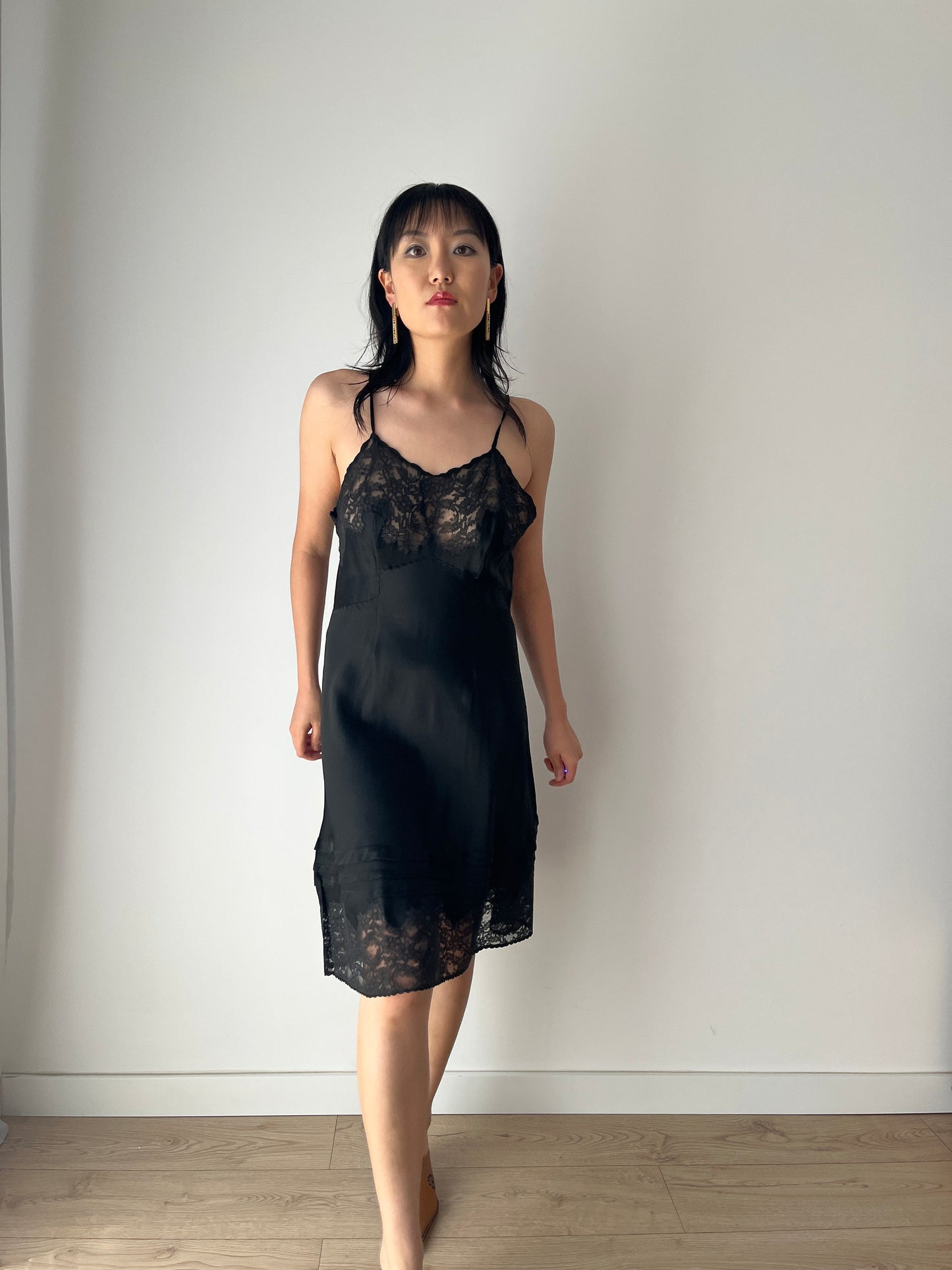 Antique vintage 1930s black liquid satin pure silk lace embroidered art deco bias cut slip