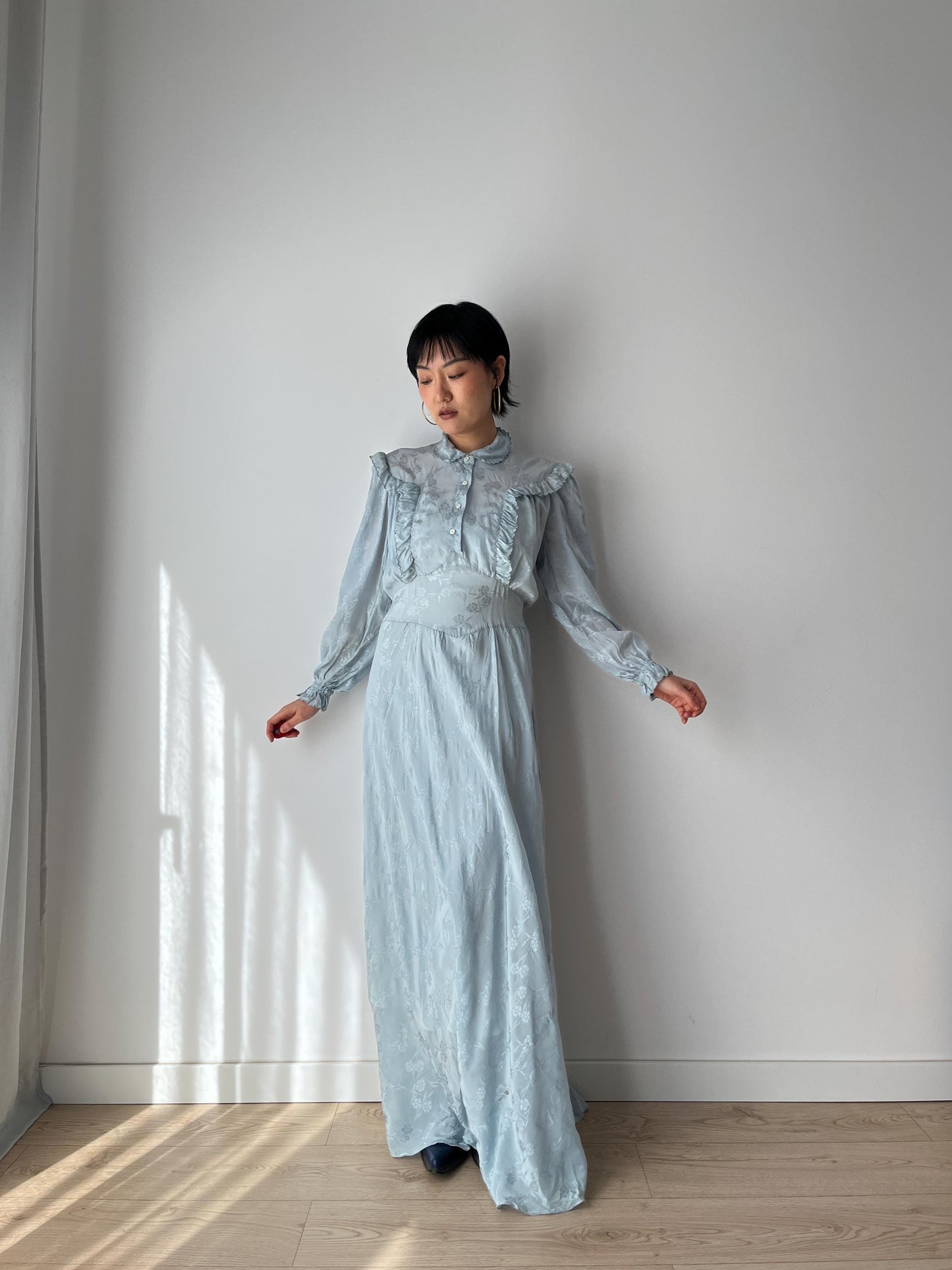 1930s Antique Bias Cut Negligee Pure Silk Liquid Satin Lace Nightgown Maxi Dress