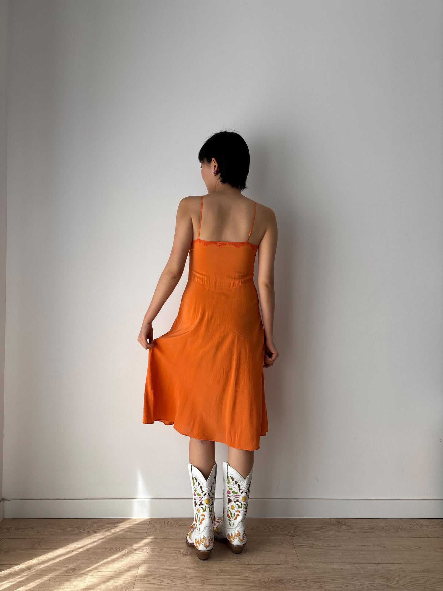 1920s 1930s 100% Silk Orange Bow Appliqué Embroidered Slip dress