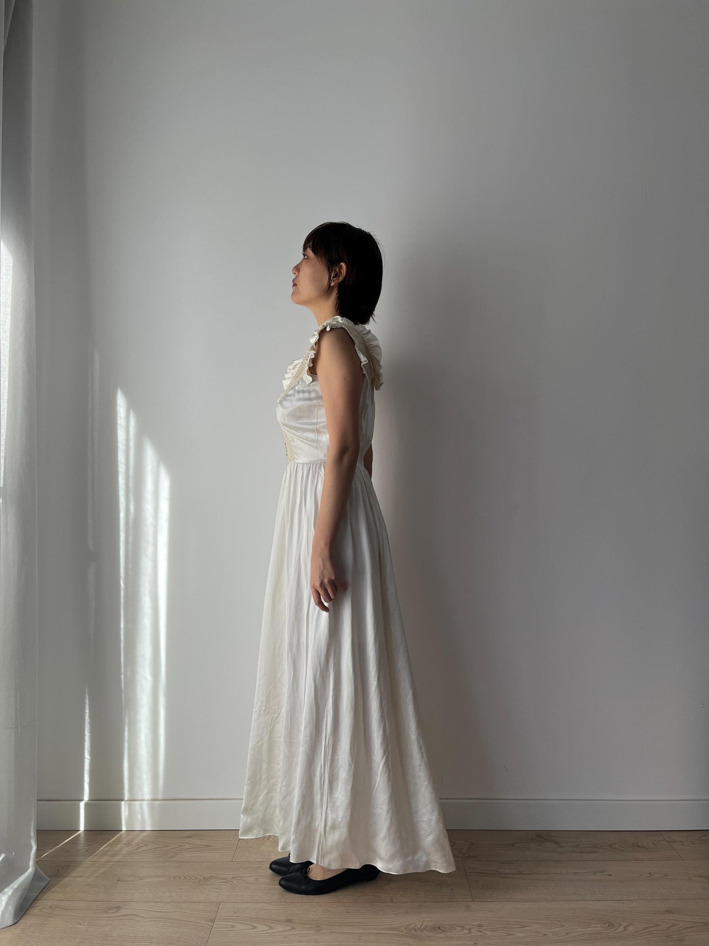 1930s Antique Bridal Lace Bias Cut Negligee Silk Satin Embroidered Nightgown